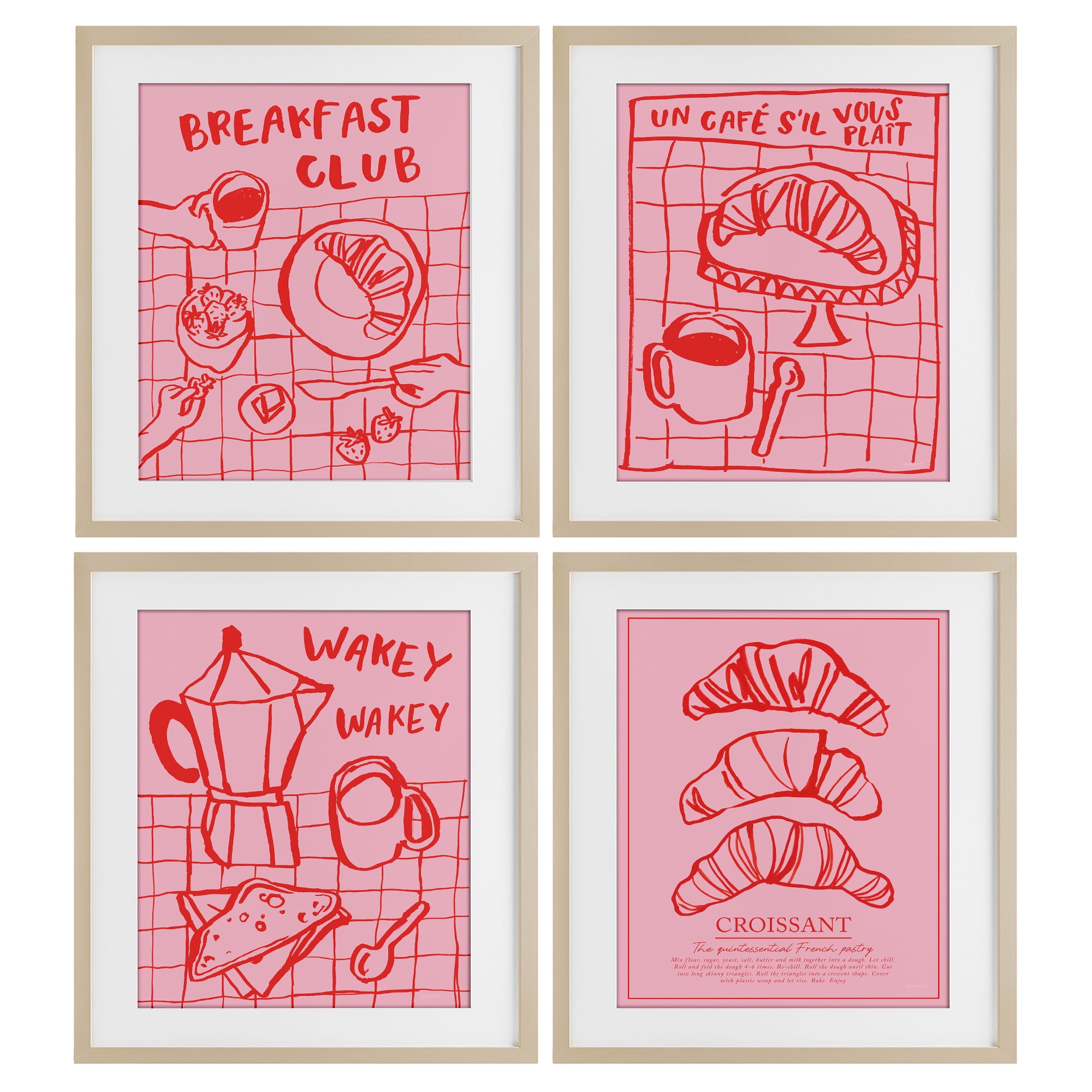 Stupell Industries Pink & Red Breakfast Doodles 4 Piece Birch Framed Print Under Glass Set, design by Jenaya Jackson