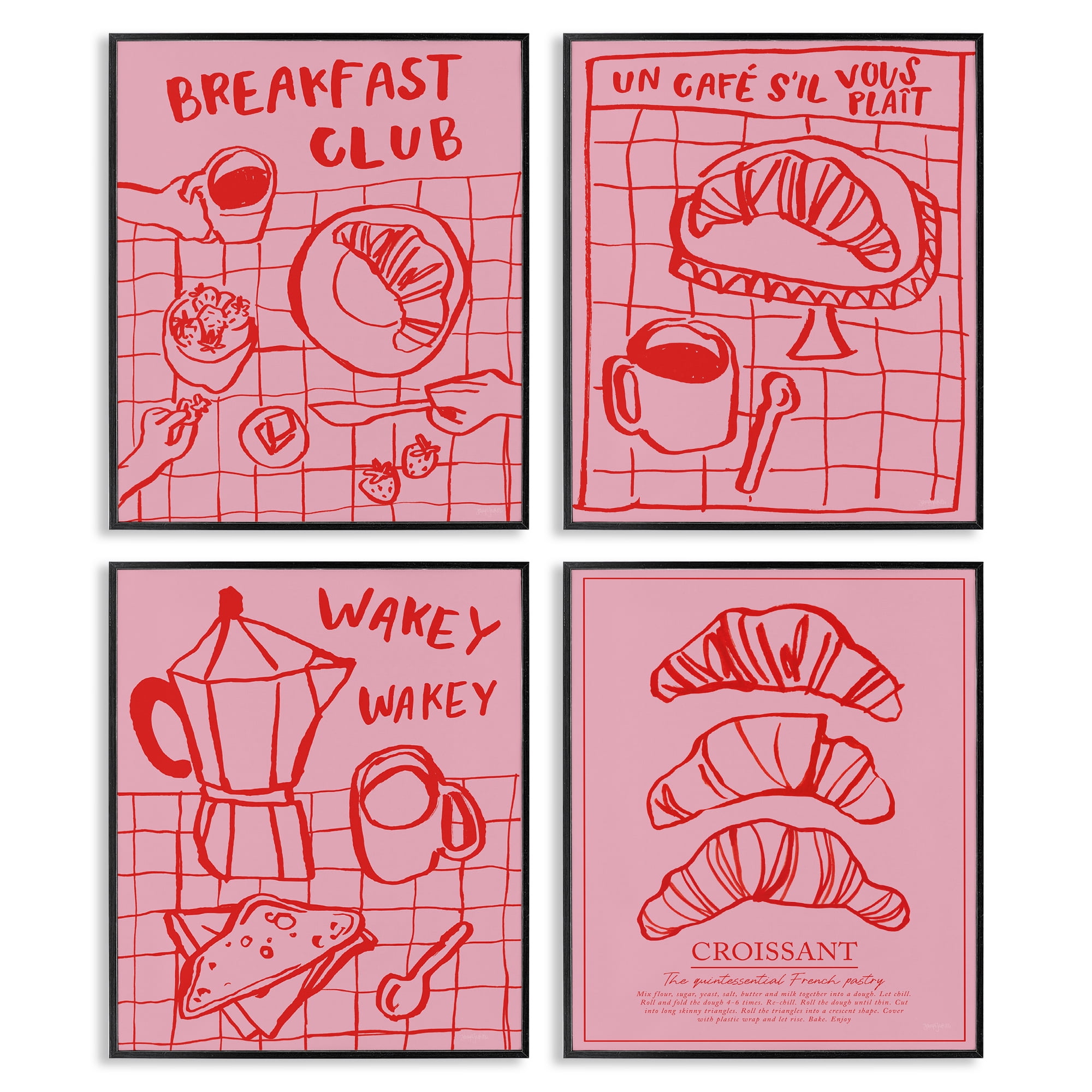 Stupell Industries Pink & Red Breakfast Doodles 4 Piece Black Framed Giclee Art Set, design by Jenaya Jackson
