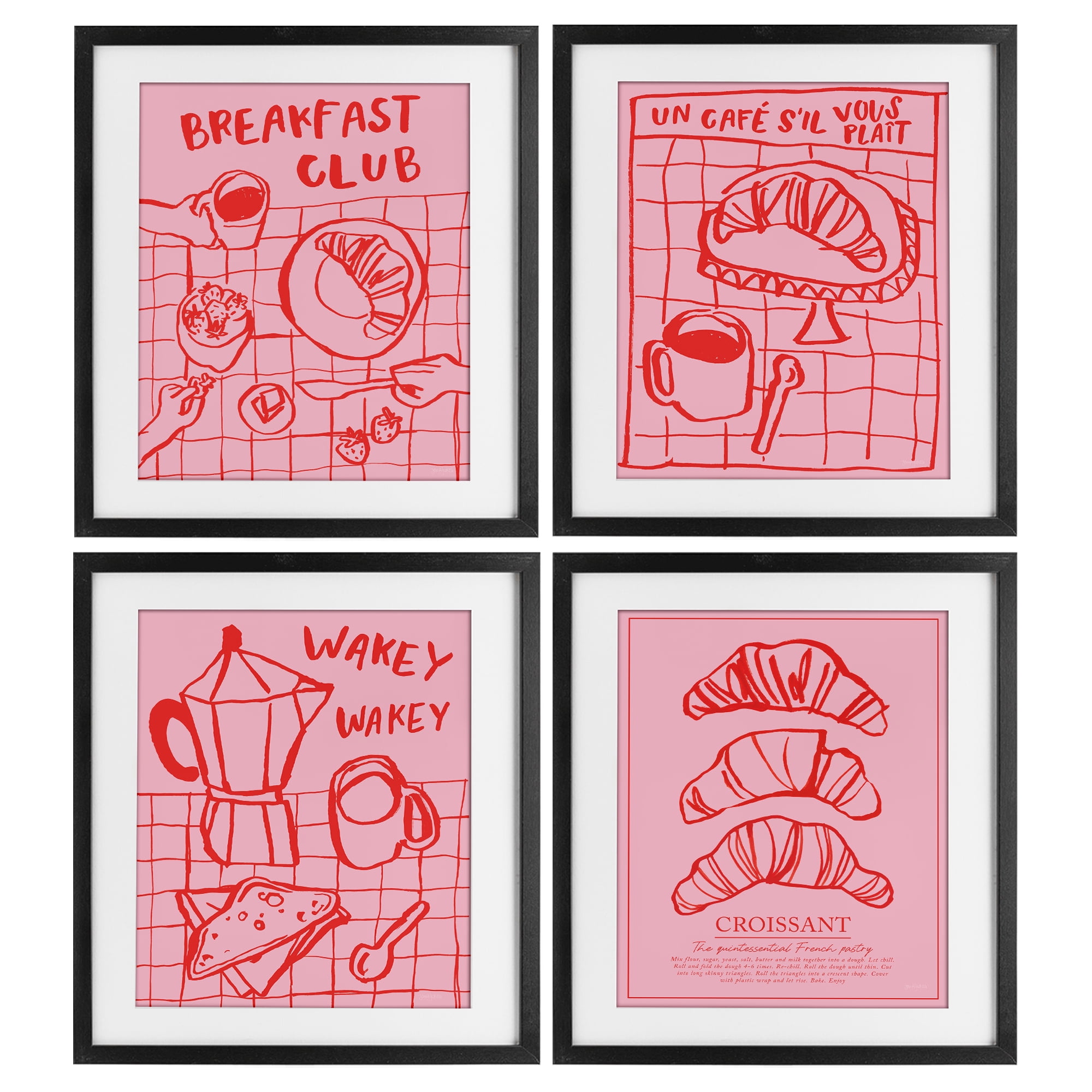Stupell Industries Pink & Red Breakfast Doodles 4 Piece Black Framed Print Under Glass Set, design by Jenaya Jackson