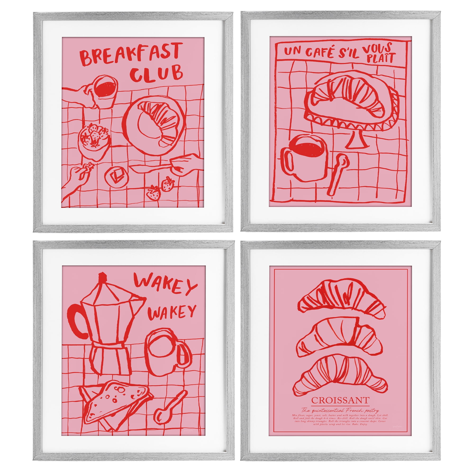 Stupell Industries Pink & Red Breakfast Doodles 4 Piece Gray Framed Print Under Glass Set, design by Jenaya Jackson