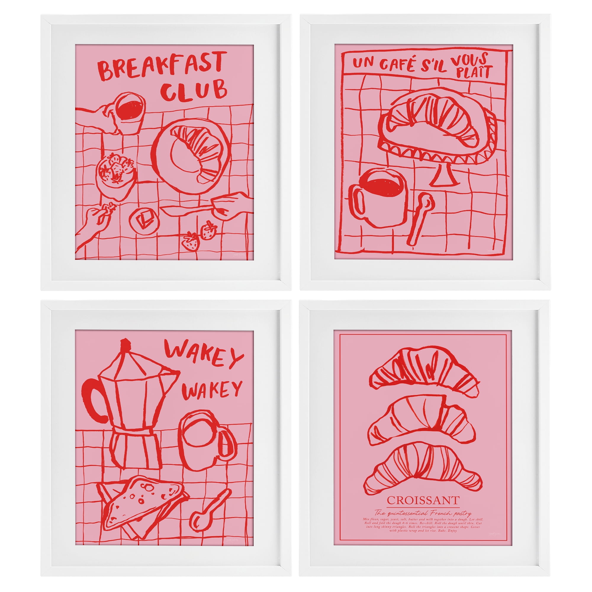 Stupell Industries Pink & Red Breakfast Doodles 4 Piece White Framed Print Under Glass Set, design by Jenaya Jackson