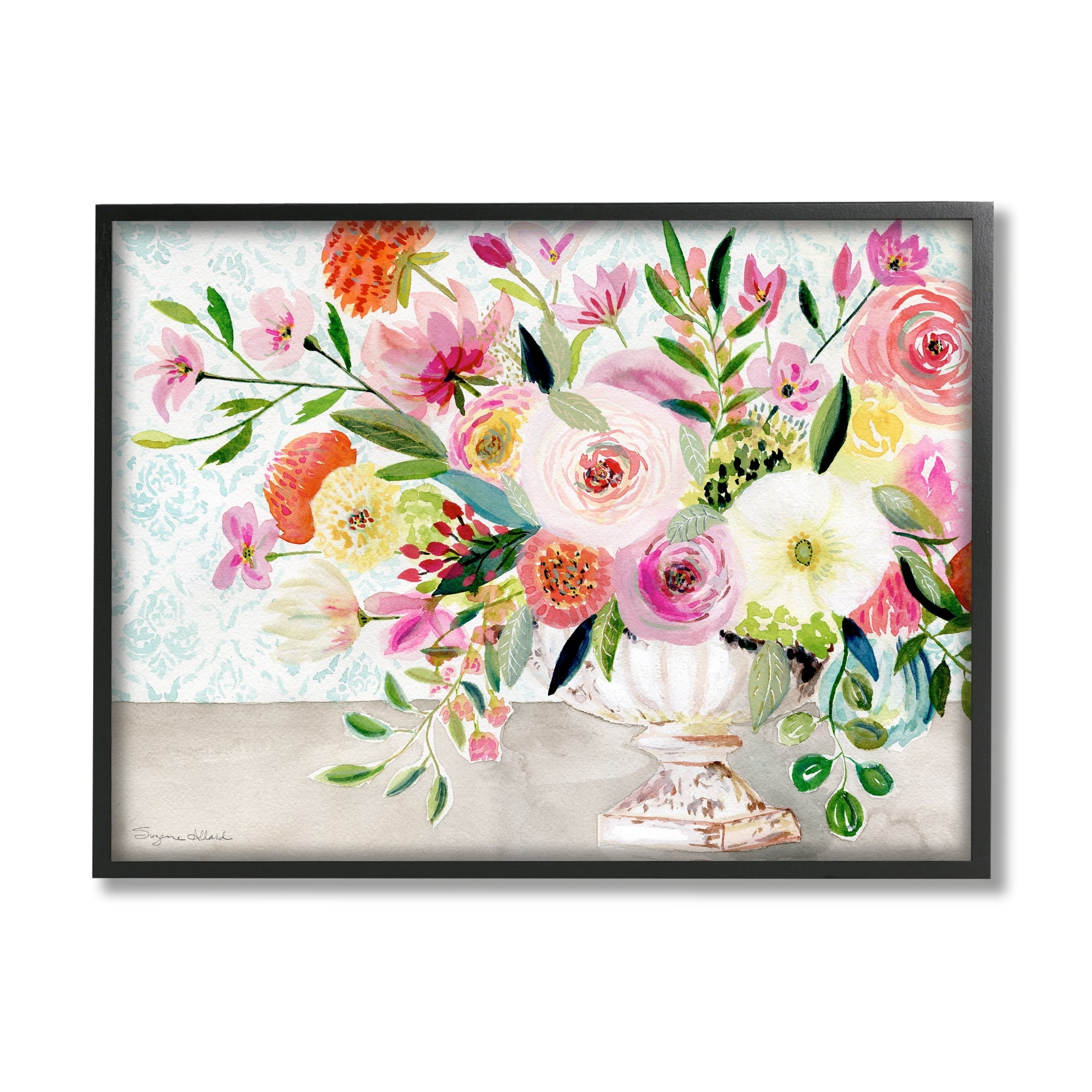 Stupell Industries Pink & Red Peonies Ornate Vase Botanical & Floral Painting Black Framed Art Print Wall Art