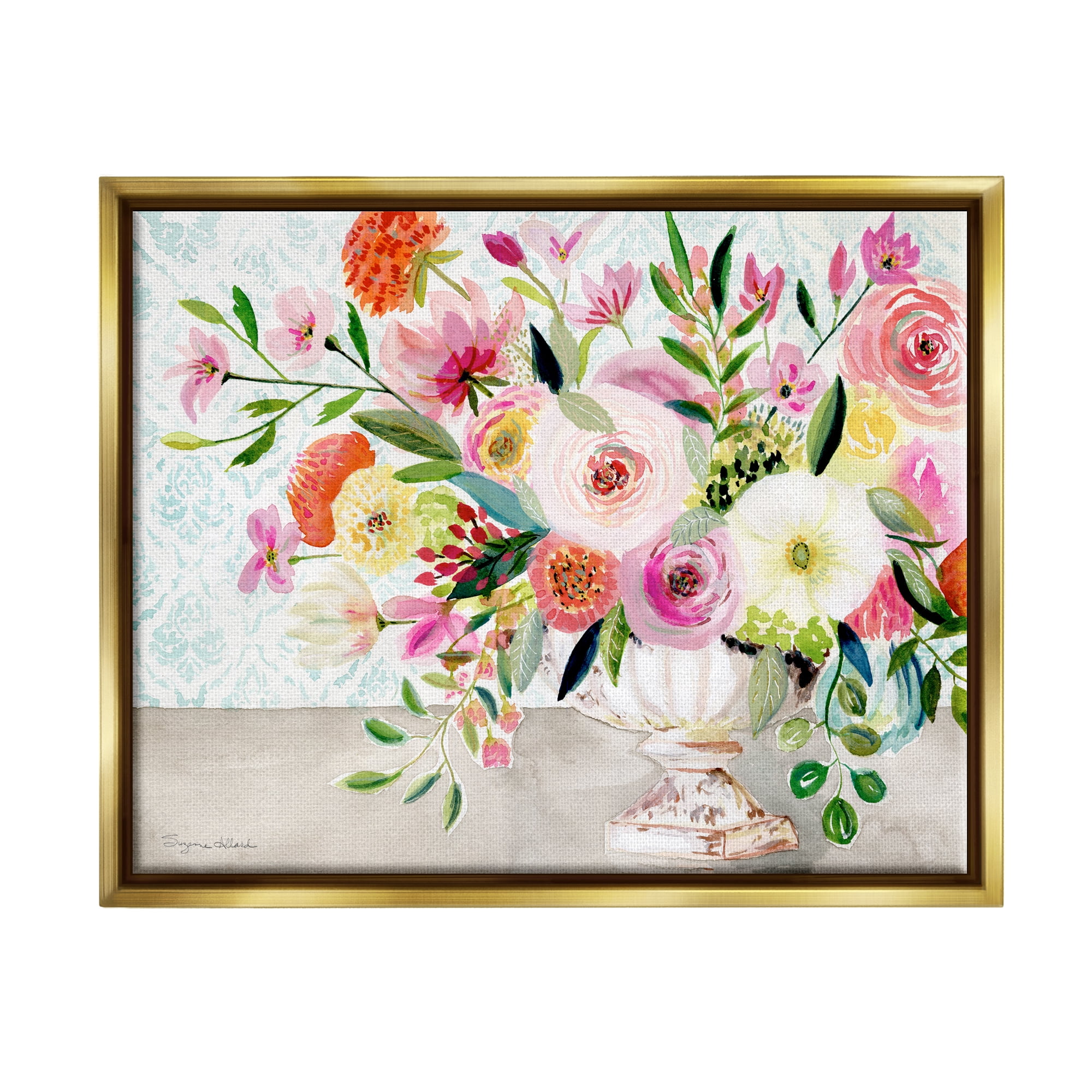 Stupell Industries Pink & Red Peonies Ornate Vase Botanical & Floral Painting Gold Floater Framed Art Print Wall Art