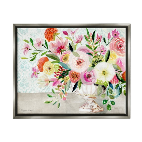 Stupell Industries Pink & Red Peonies Ornate Vase Botanical & Floral Painting Gray Floater Framed Art Print Wall Art