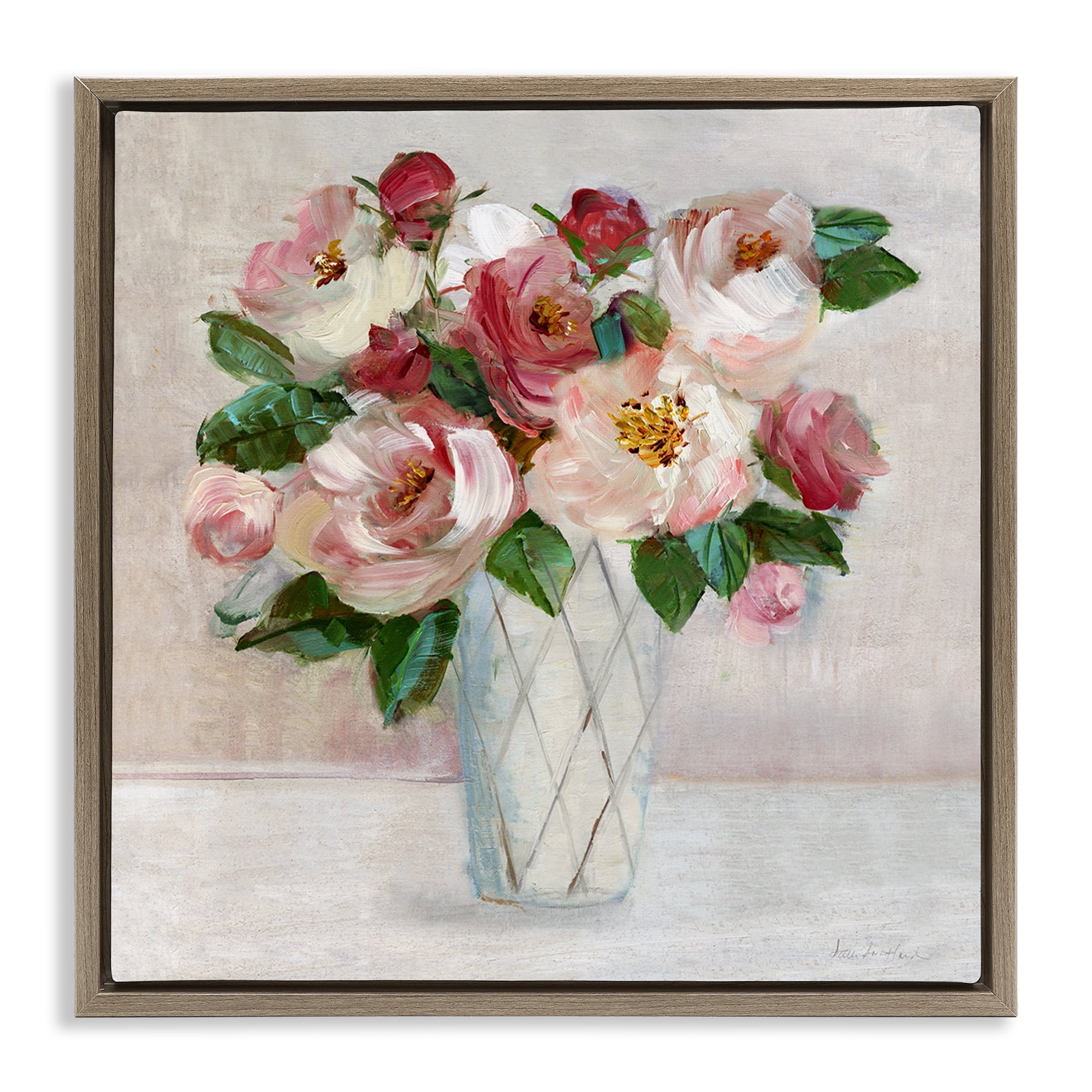 Stupell Industries Pink & Red Rose Bouquet Botanical & Floral Painting Brown Floater Framed Canvas Art Print Wall Art, 18 x 18
