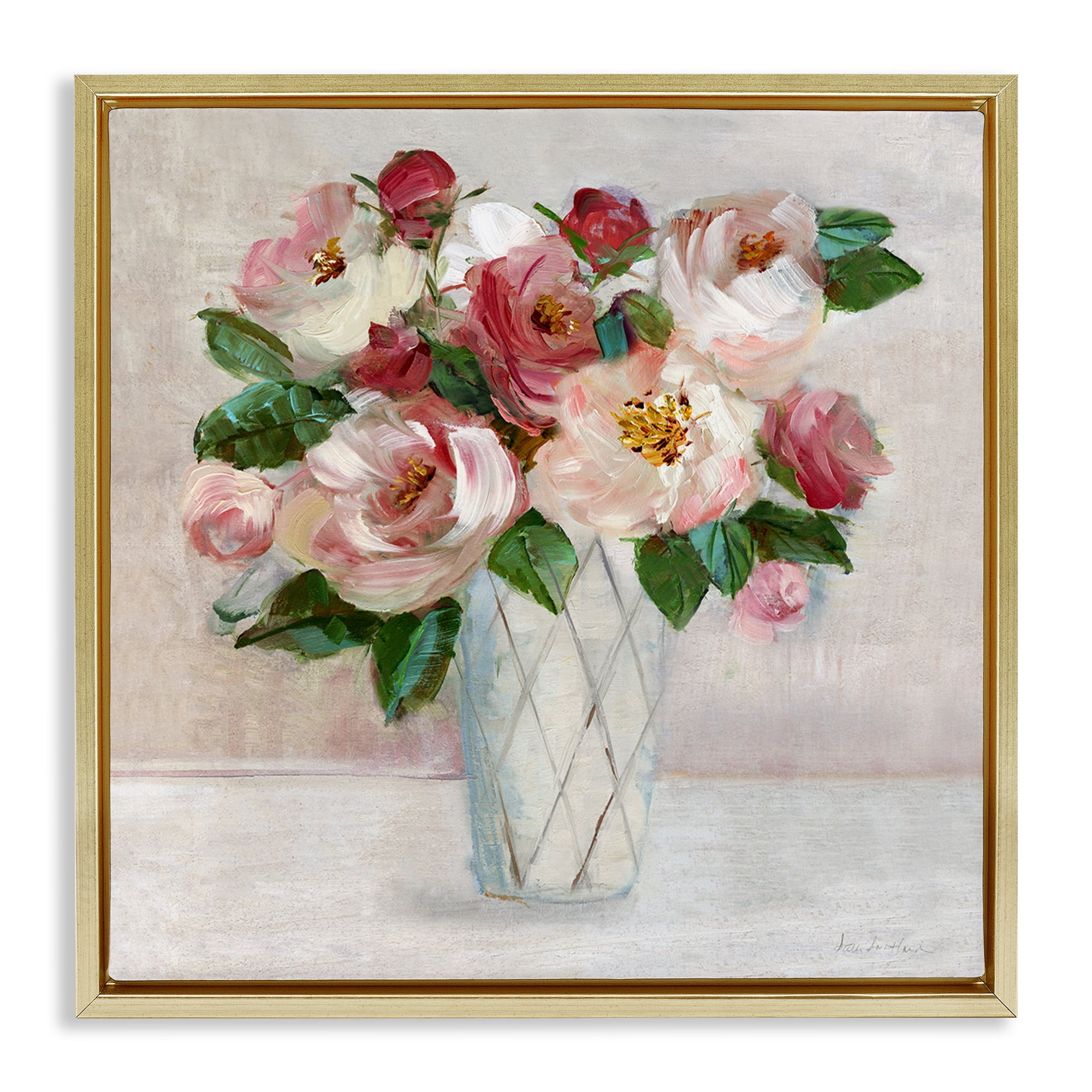 Stupell Industries Pink & Red Rose Bouquet Botanical & Floral Painting Gold Floater Framed Canvas Art Print Wall Art, 25 x 25