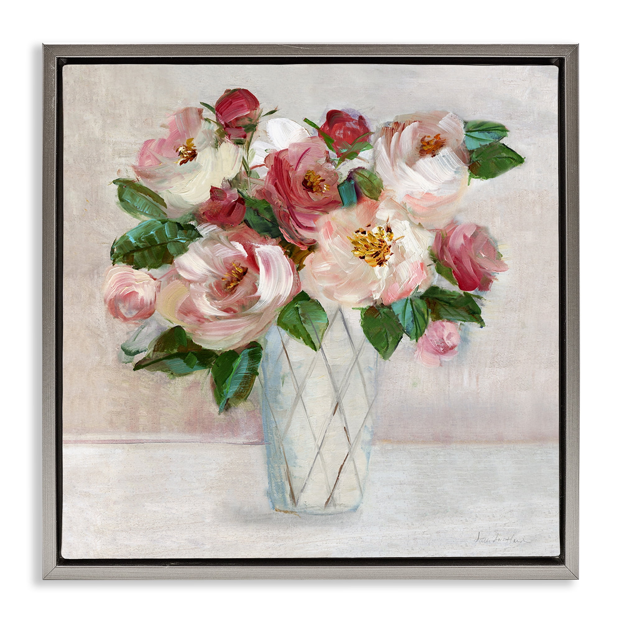 Stupell Industries Pink & Red Rose Bouquet Botanical & Floral Painting Gray Floater Framed Canvas Art Print Wall Art, 25 x 25
