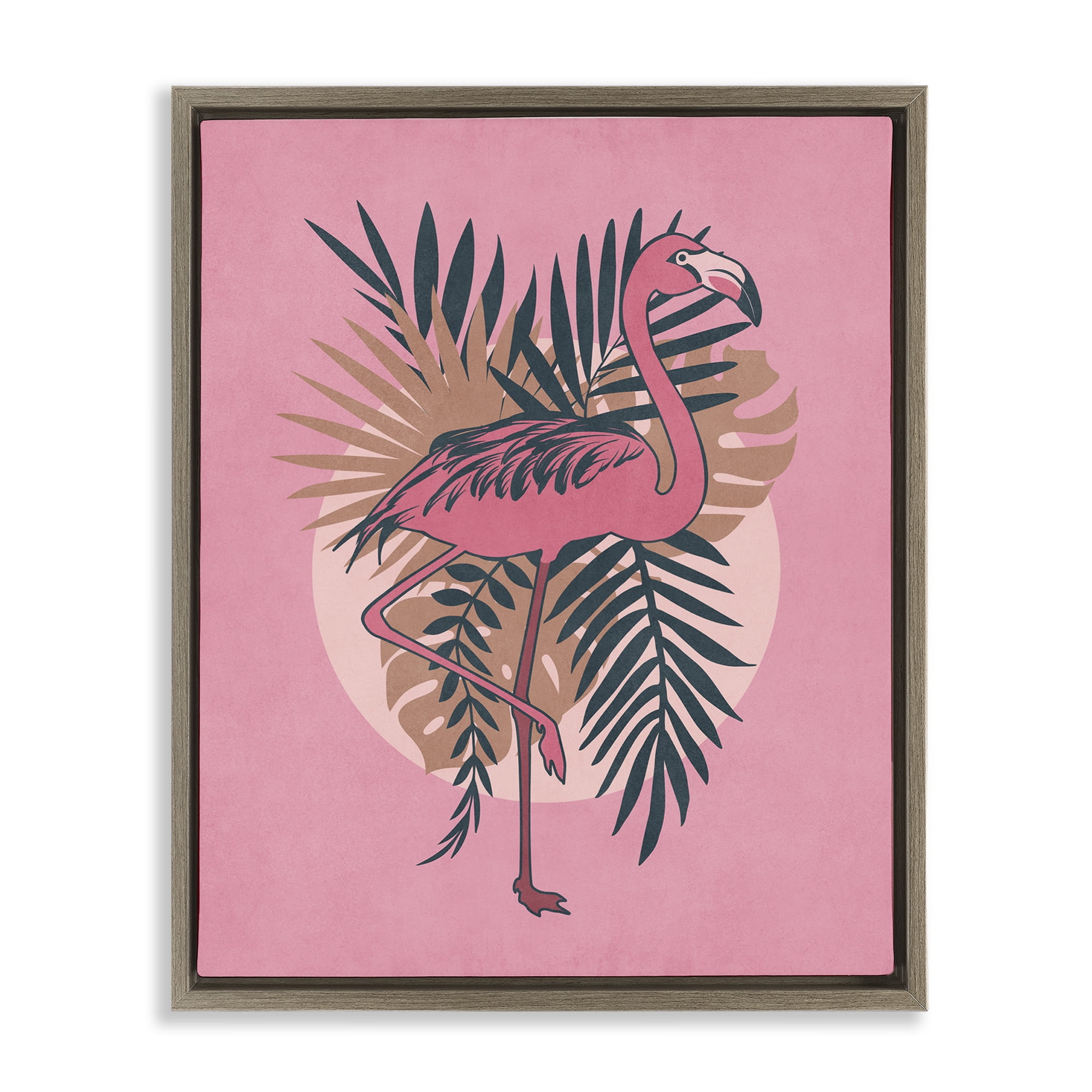 Stupell Industries Pink Retro Flamingo Animals Painting Brown Floater Framed Canvas Art Print Wall Art, 17 x 21