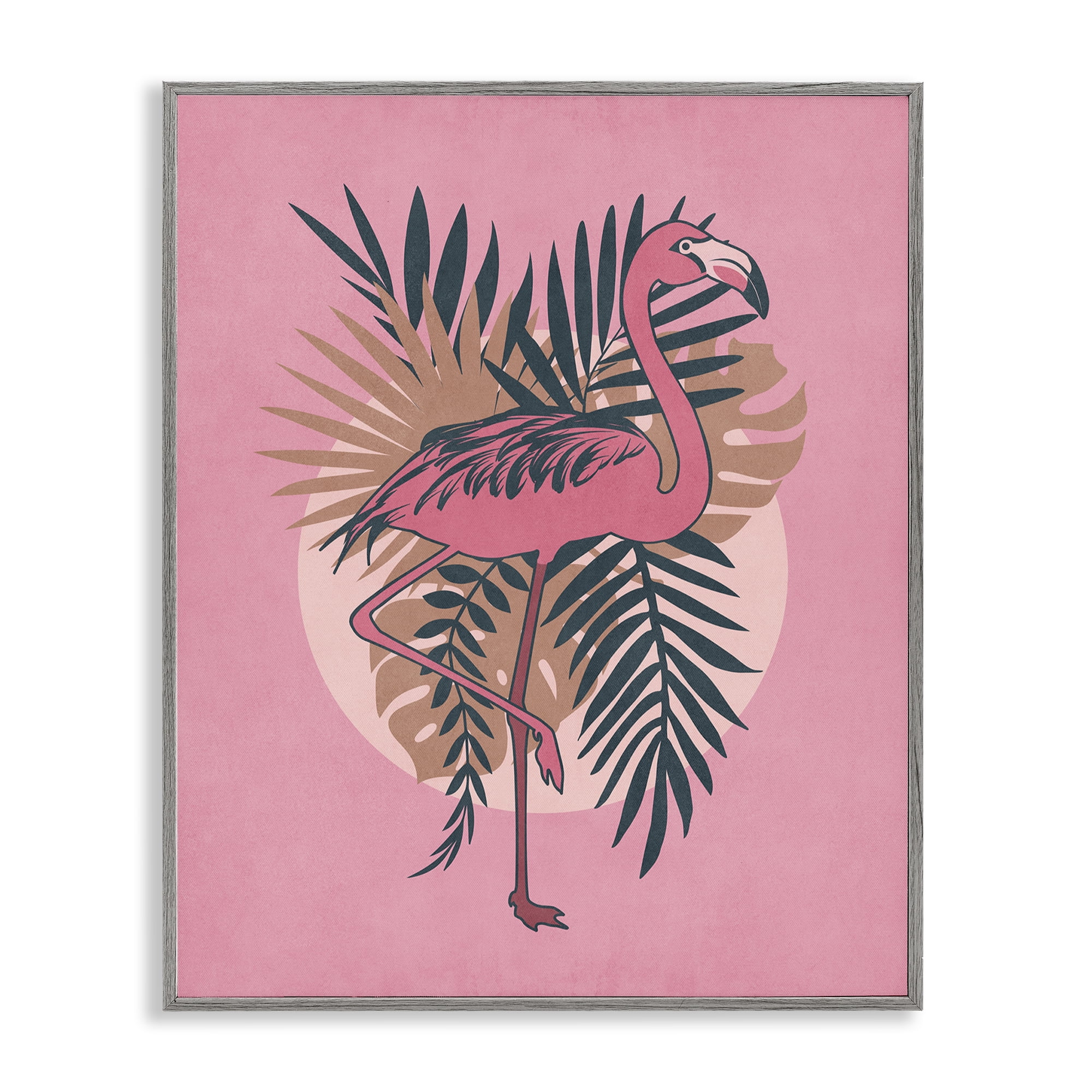 Stupell Industries Pink Retro Flamingo Animals Painting Gray Framed Art Print Wall Art, 16 x 20