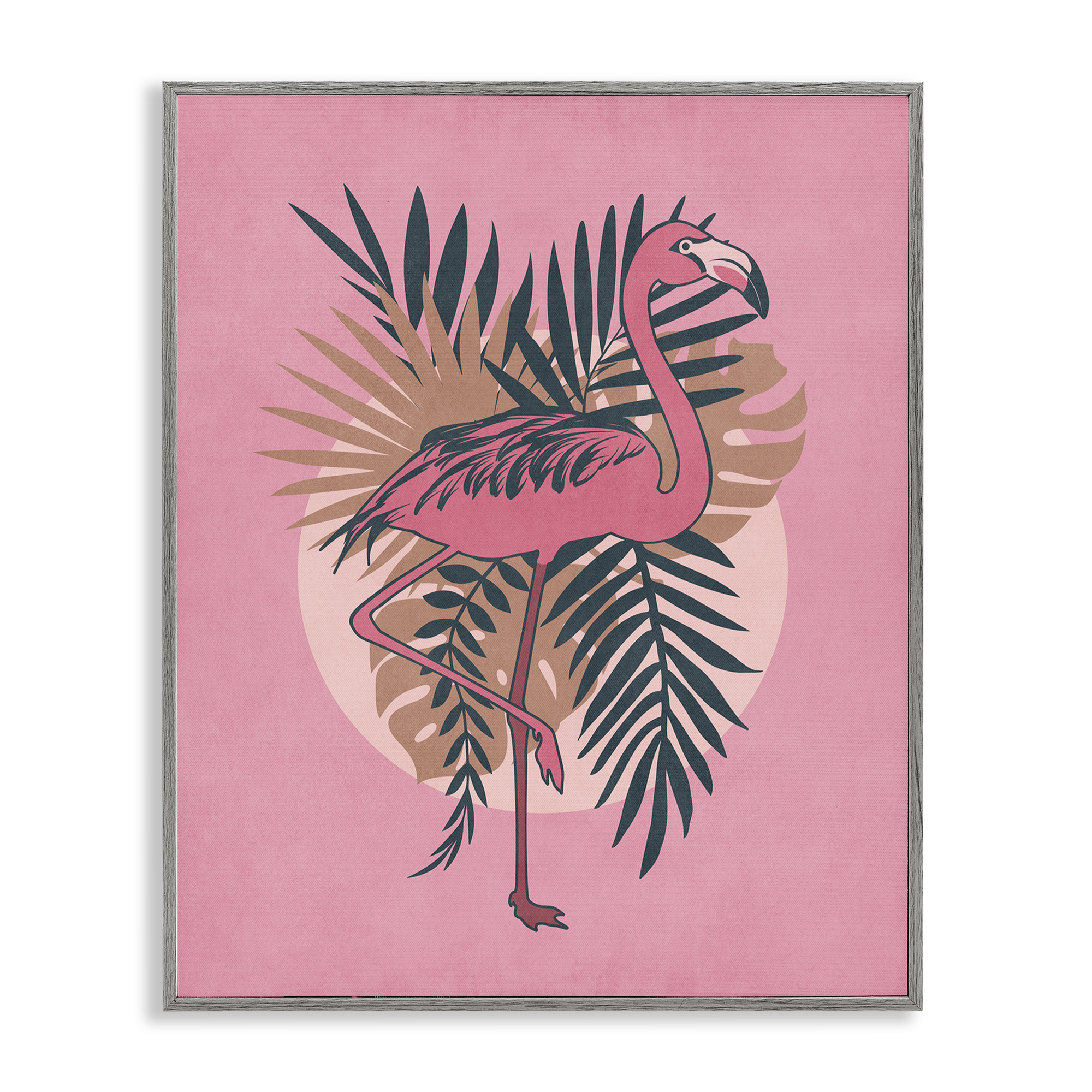 Stupell Industries Pink Retro Flamingo Animals Painting Gray Framed Art Print Wall Art, 24 x 30