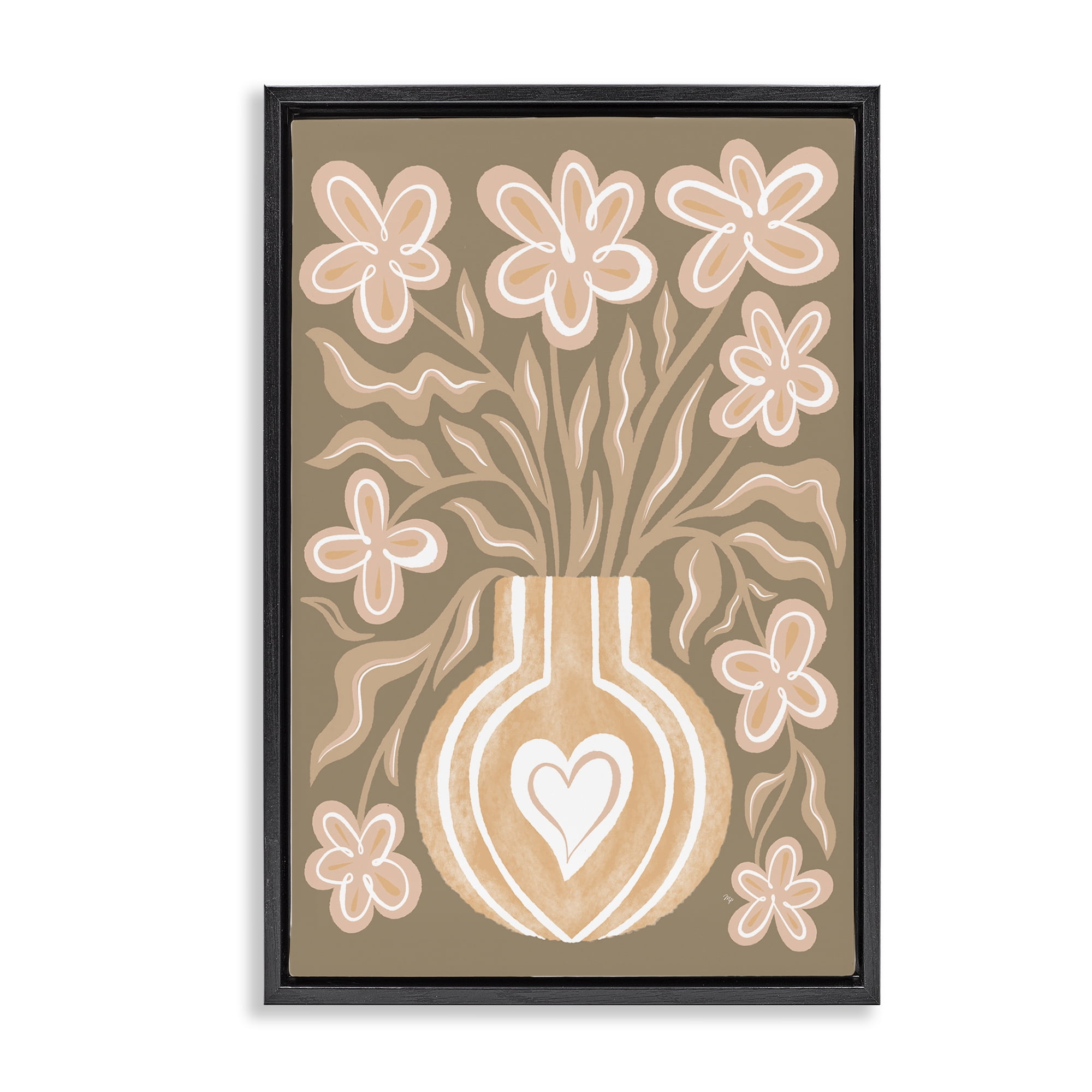Stupell Industries Pink Retro Flower Vase Floral & Botanical Painting Black Floater Framed Canvas Art Print Wall Art, 17 x 25
