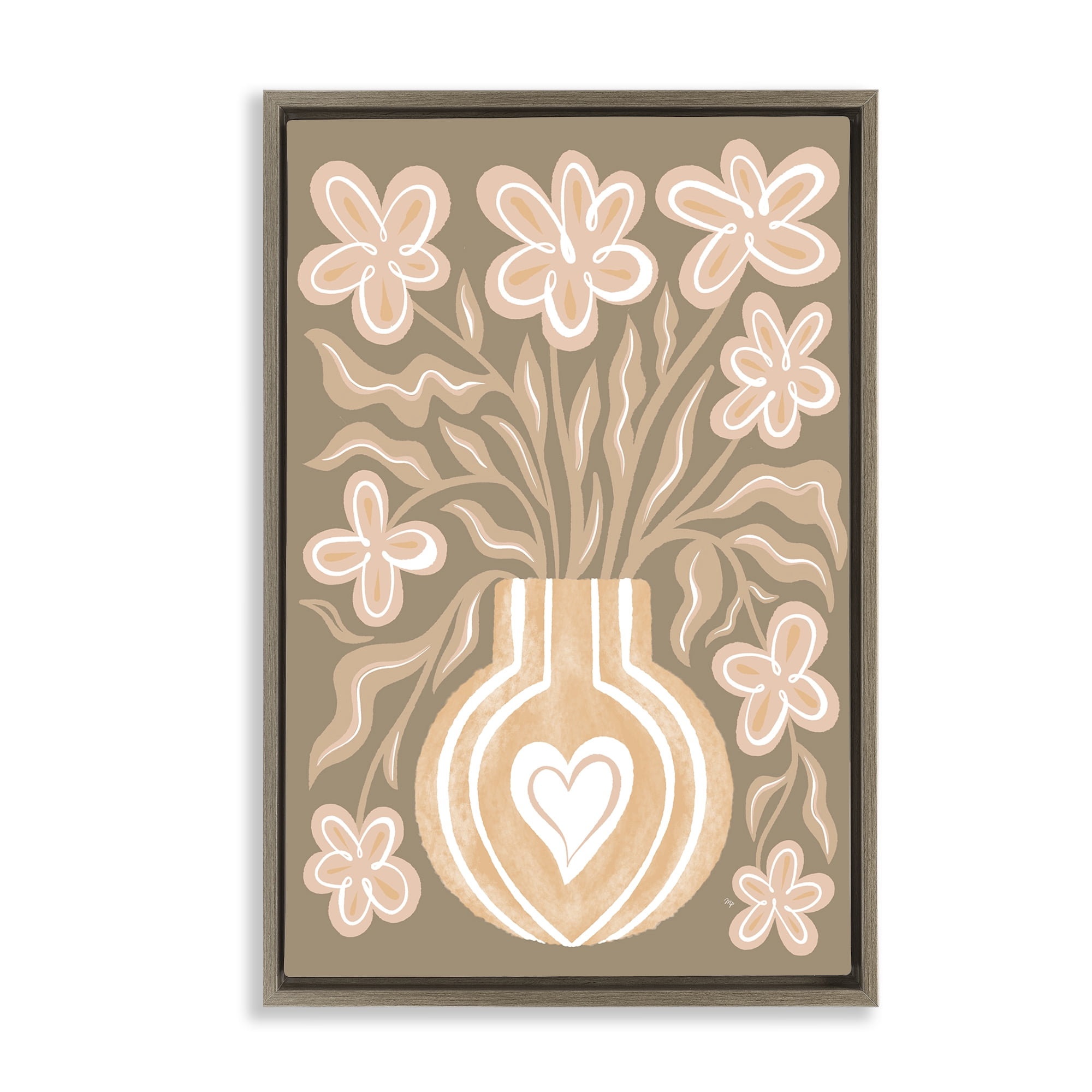 Stupell Industries Pink Retro Flower Vase Floral & Botanical Painting Brown Floater Framed Canvas Art Print Wall Art, 21 x 31