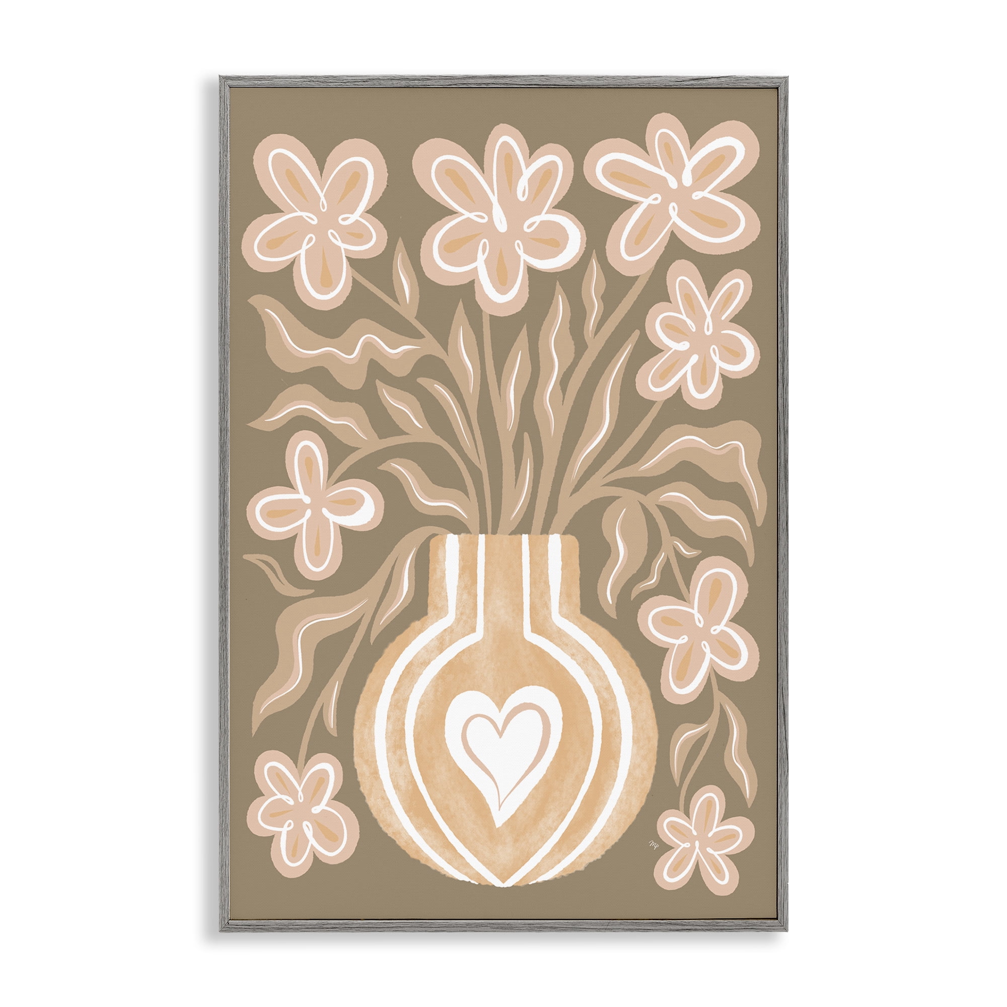 Stupell Industries Pink Retro Flower Vase Floral & Botanical Painting Gray Framed Art Print Wall Art, 20 x 30