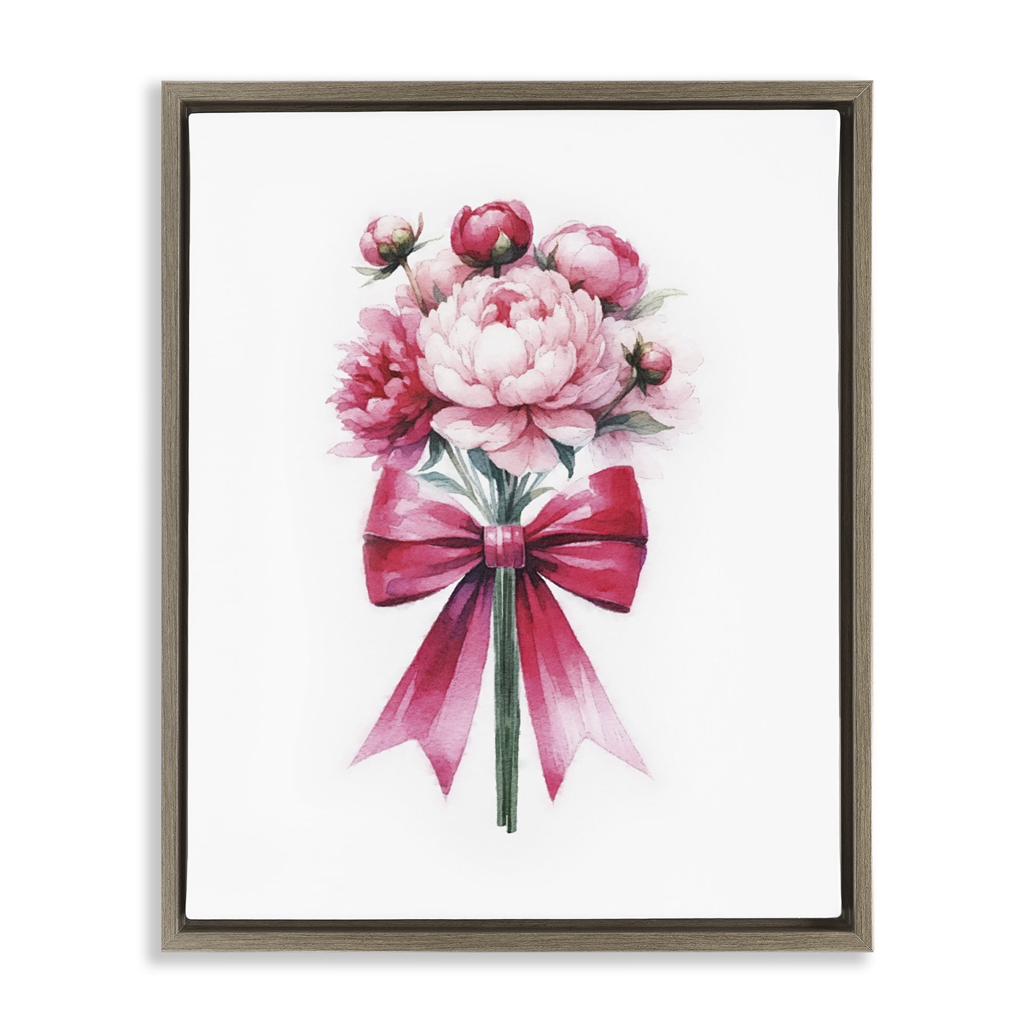Stupell Industries Pink Ribbon Bouquet Plants & Flowers Painting Brown Floater Framed Canvas Art Print Wall Art, 25 x 31
