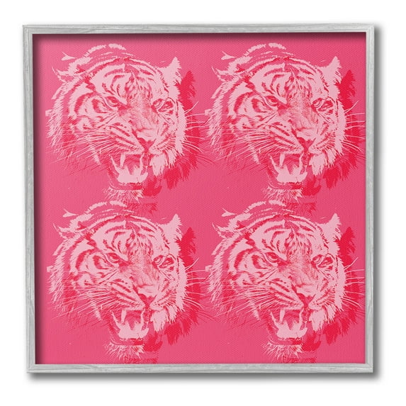 Stupell Industries Pink Roaring Tigers Animals & Insects Painting Gray Framed Art Print Wall Art, 12 x 12