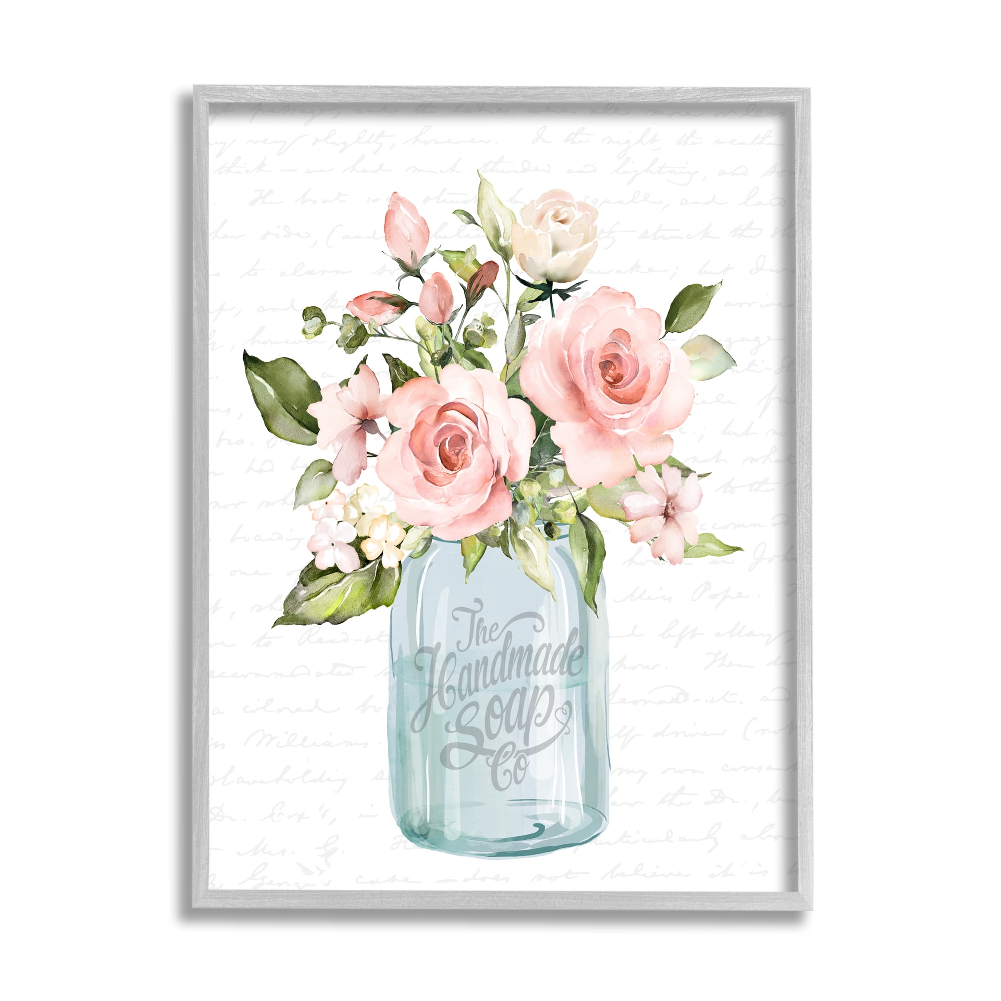 Stupell Industries Pink Rose Blooms Country Vase Patterned Script Graphic Art Gray Framed Art Print Wall Art, Design by Lettered and Lined