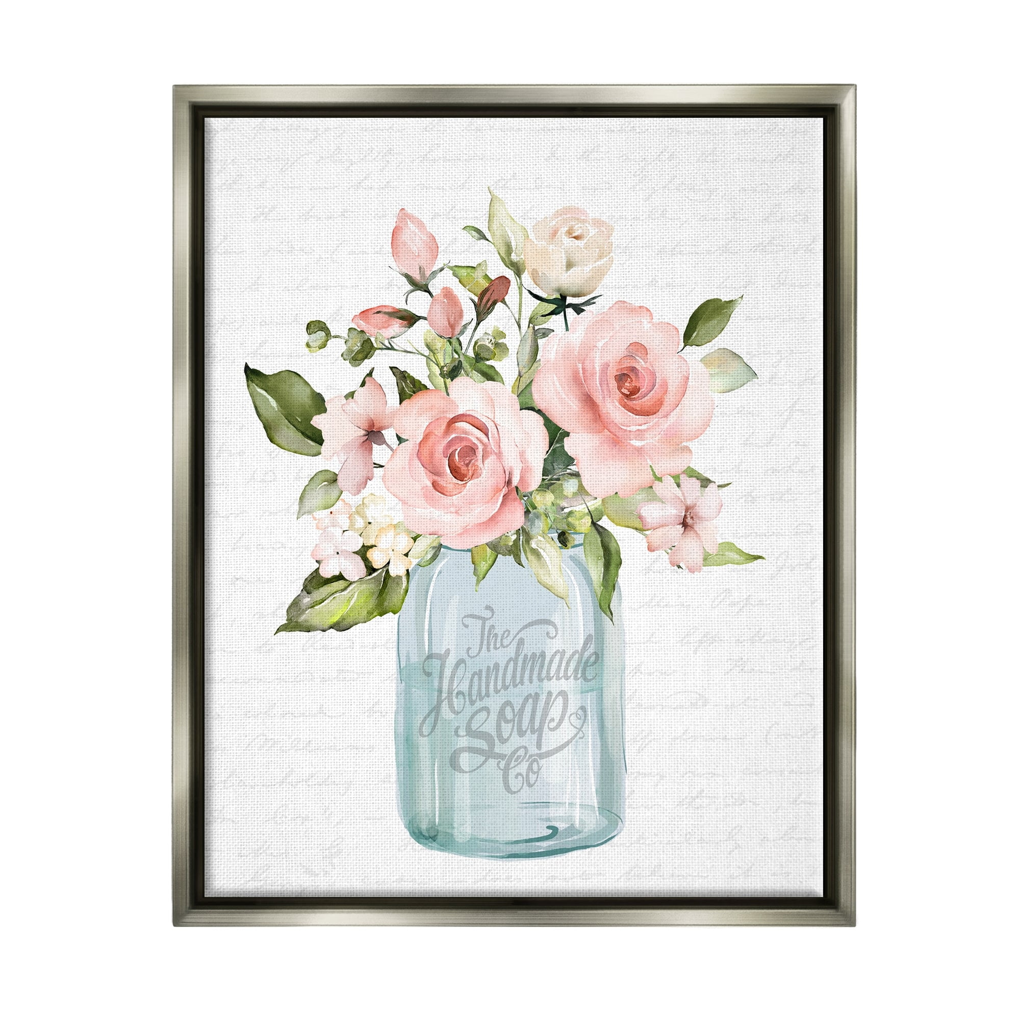 Stupell Industries Pink Rose Blooms Country Vase Patterned Script Graphic Art Luster Gray Floating Framed Canvas Print Wall Art, Design by Lettered and Lined