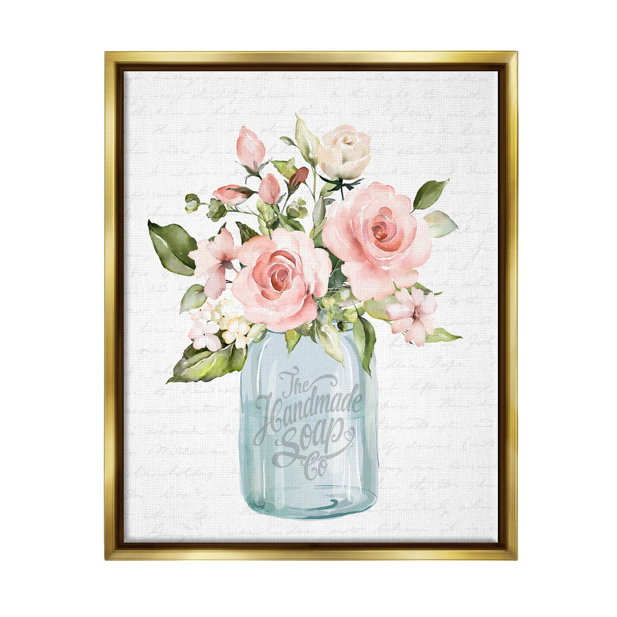 Stupell Industries Pink Rose Blooms Country Vase Patterned Script Graphic Art Metallic Gold Floating Framed Canvas Print Wall Art, Design by Lettered and Lined