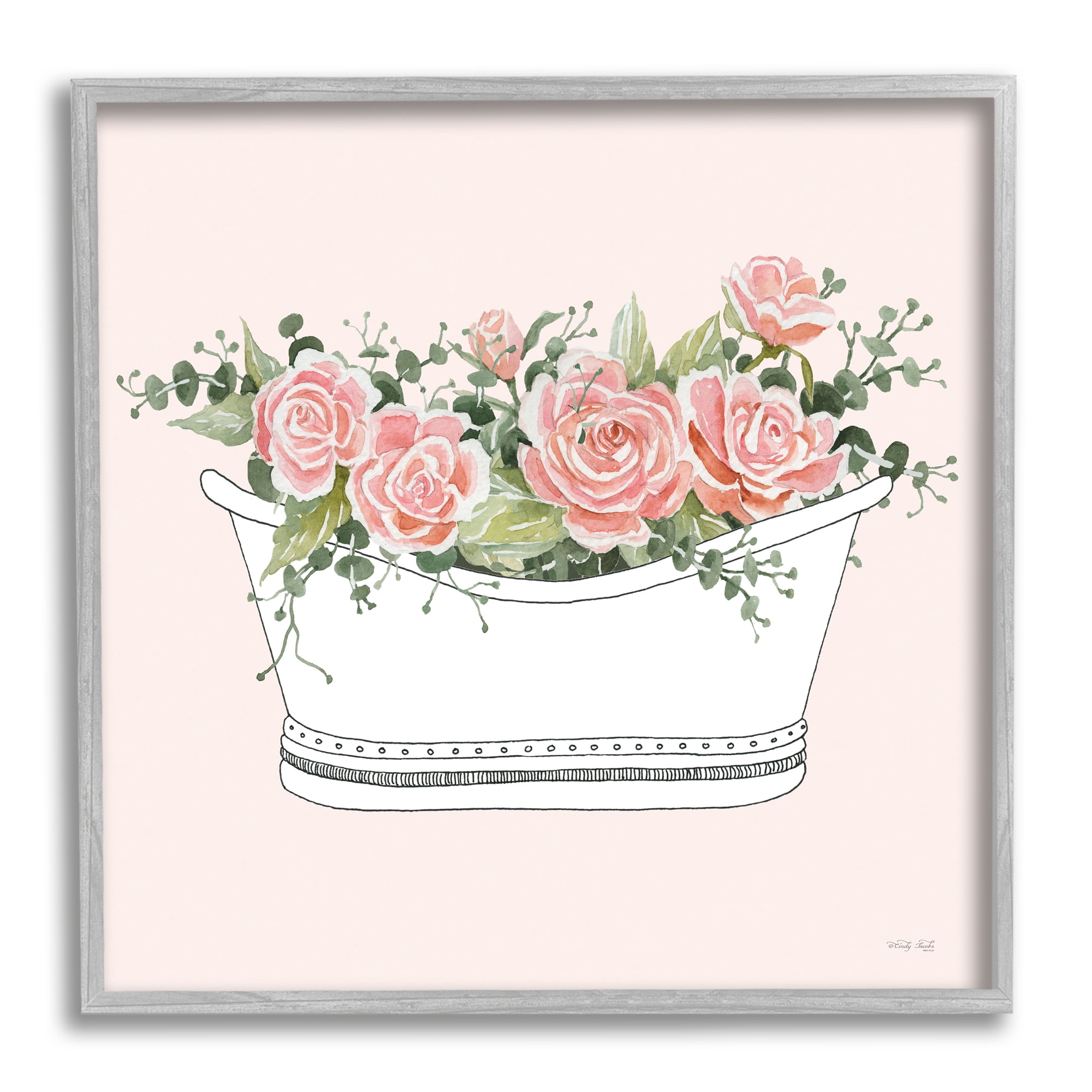 Stupell Industries Pink Rose Blossoms Casual Bathroom Bathtub Planter Graphic Art Gray Framed Art Print Wall Art, Design by Cindy Jacobs