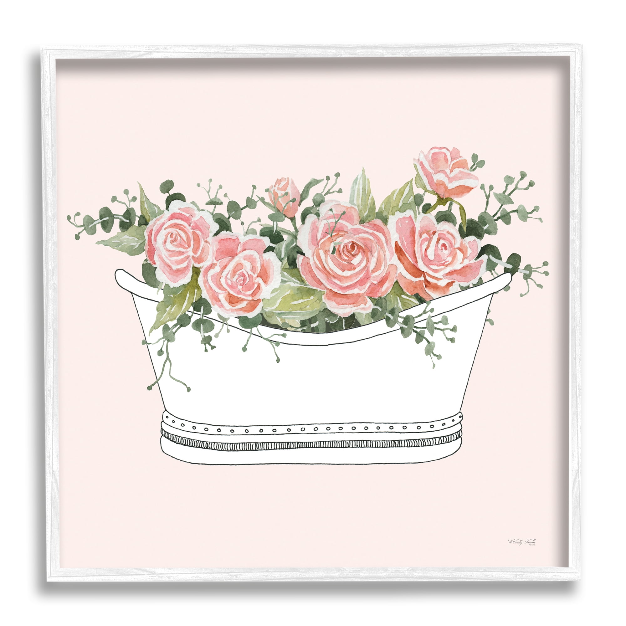 Stupell Industries Pink Rose Blossoms Casual Bathroom Bathtub Planter Graphic Art White Framed Art Print Wall Art, Design by Cindy Jacobs