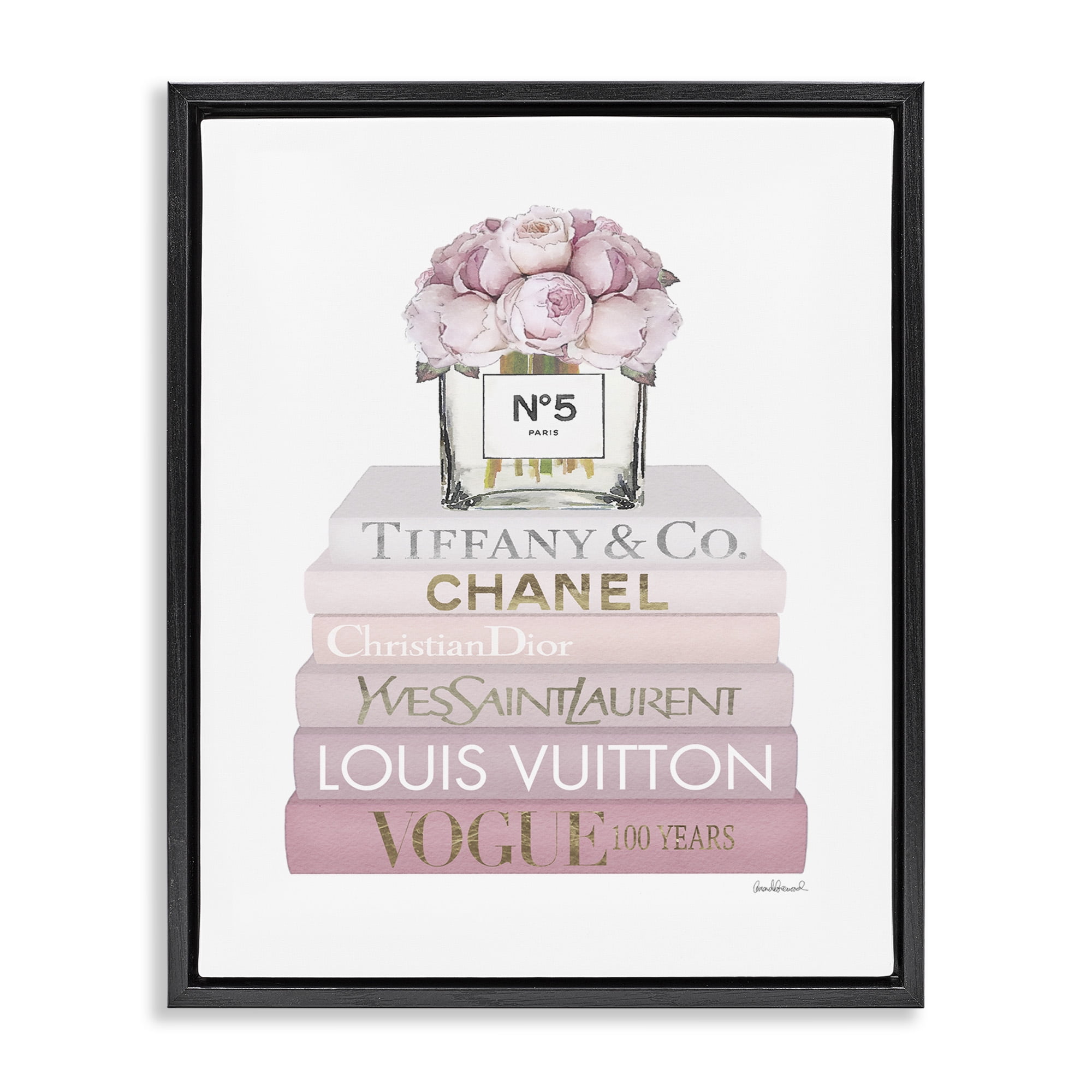 Stupell Industries Pink Rose Bouquet Bookstack Beauty & Fashion Painting Black Floater Framed Canvas Art Print Wall Art, 25 x 31