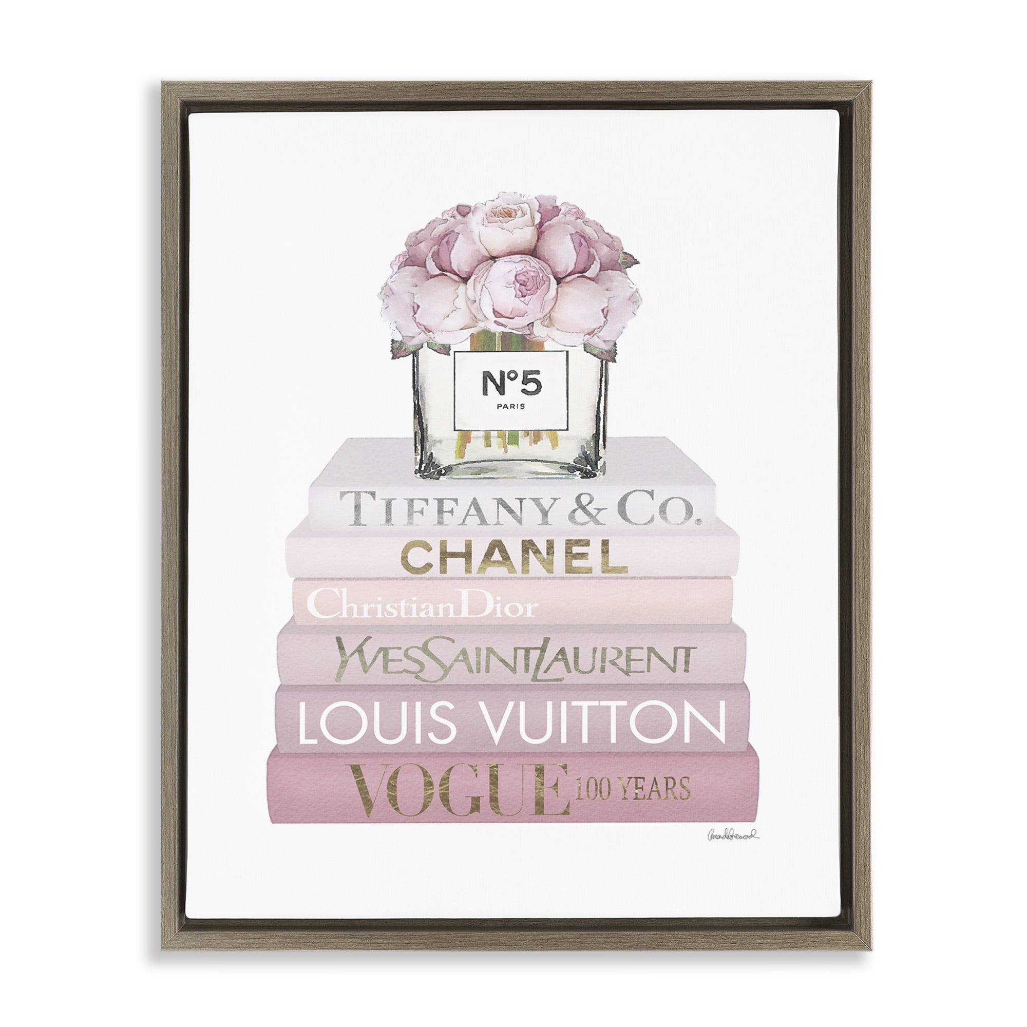 Stupell Industries Pink Rose Bouquet Bookstack Beauty & Fashion Painting Brown Floater Framed Canvas Art Print Wall Art, 17 x 21