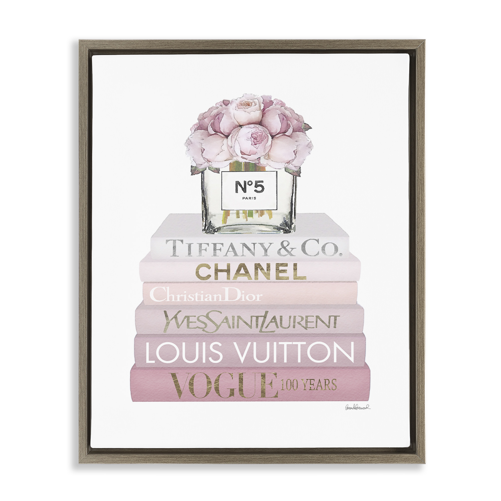 Stupell Industries Pink Rose Bouquet Bookstack Beauty & Fashion Painting Brown Floater Framed Canvas Art Print Wall Art, 25 x 31