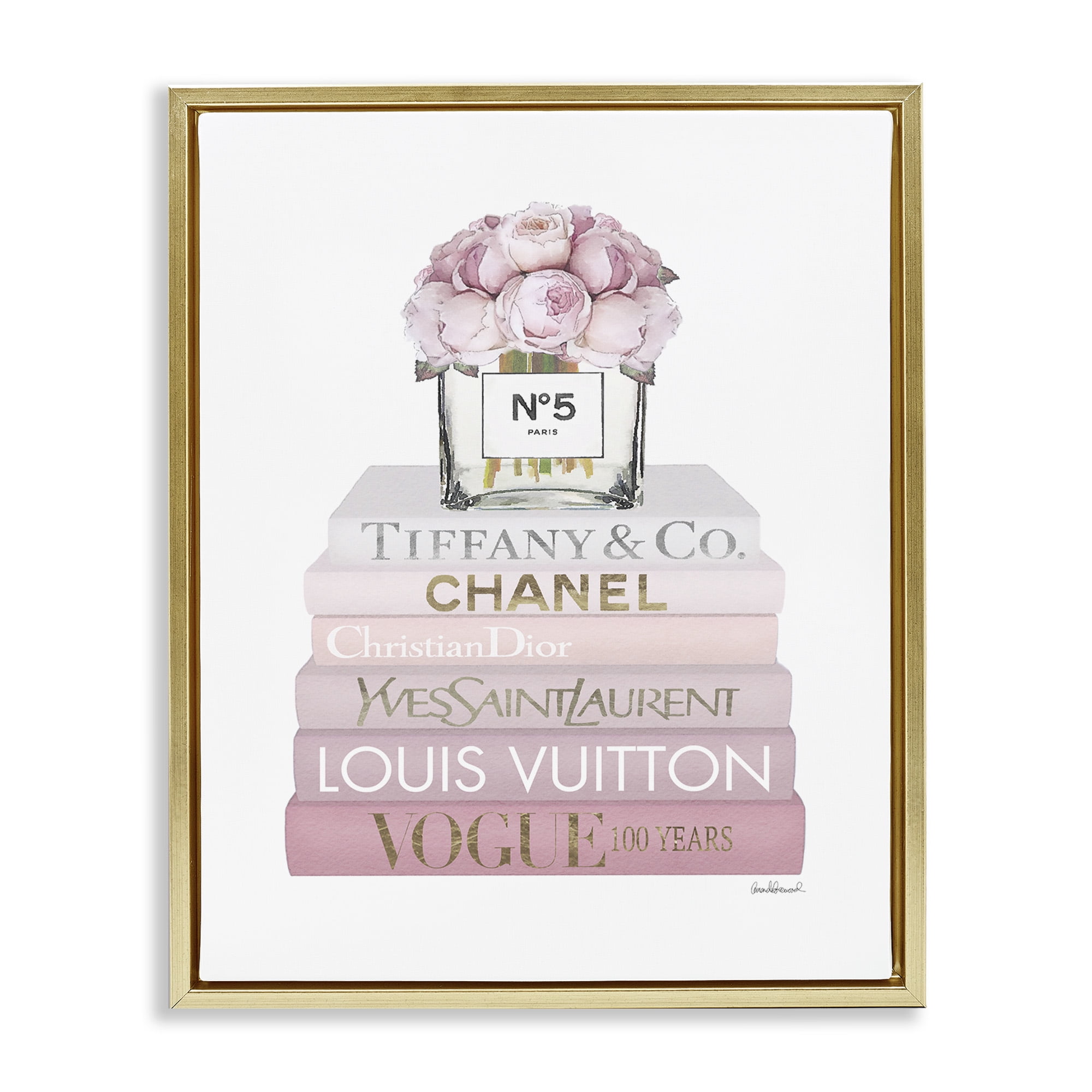Stupell Industries Pink Rose Bouquet Bookstack Beauty & Fashion Painting Gold Floater Framed Canvas Art Print Wall Art, 17 x 21