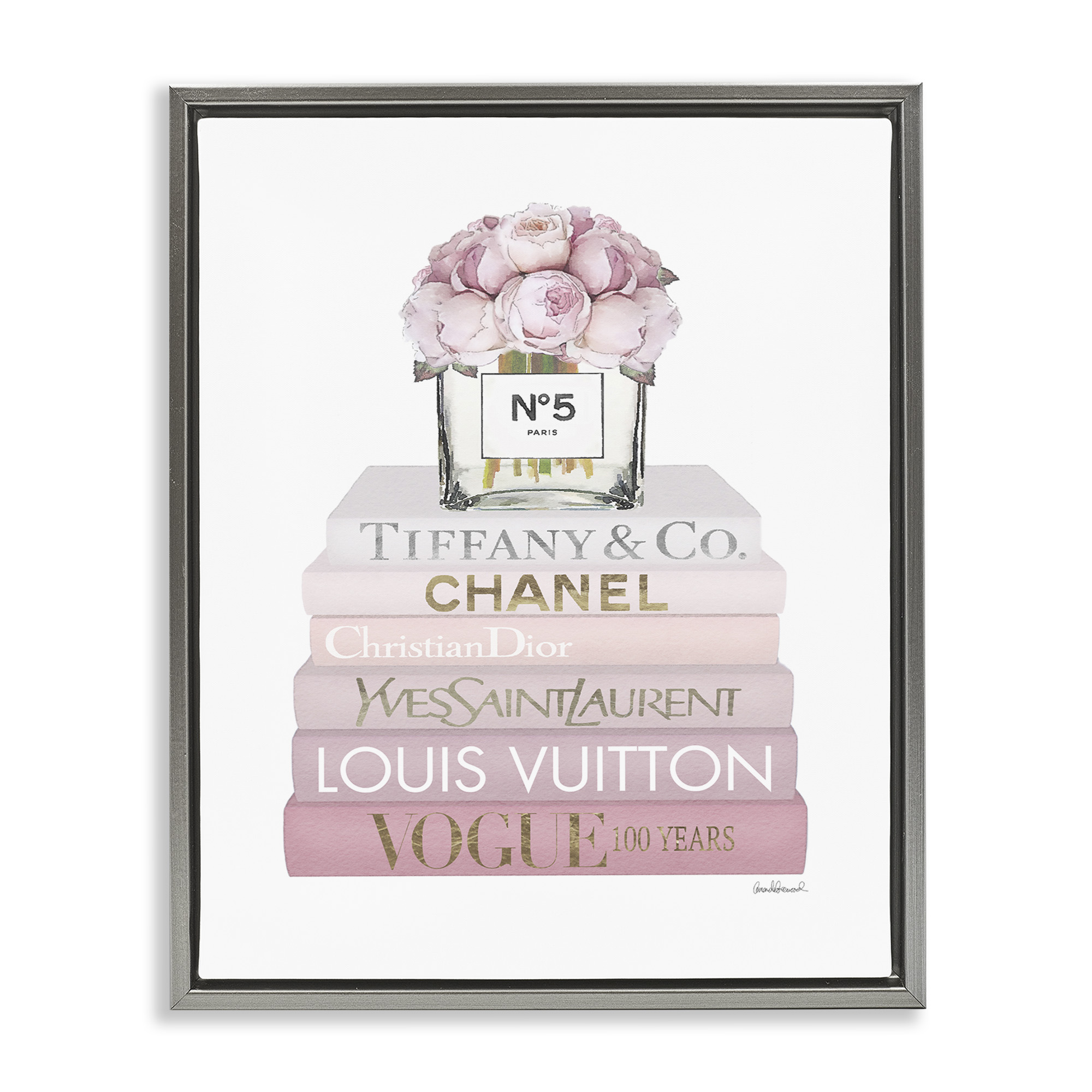Stupell Industries Pink Rose Bouquet Bookstack Beauty & Fashion Painting Gray Floater Framed Canvas Art Print Wall Art, 25 x 31