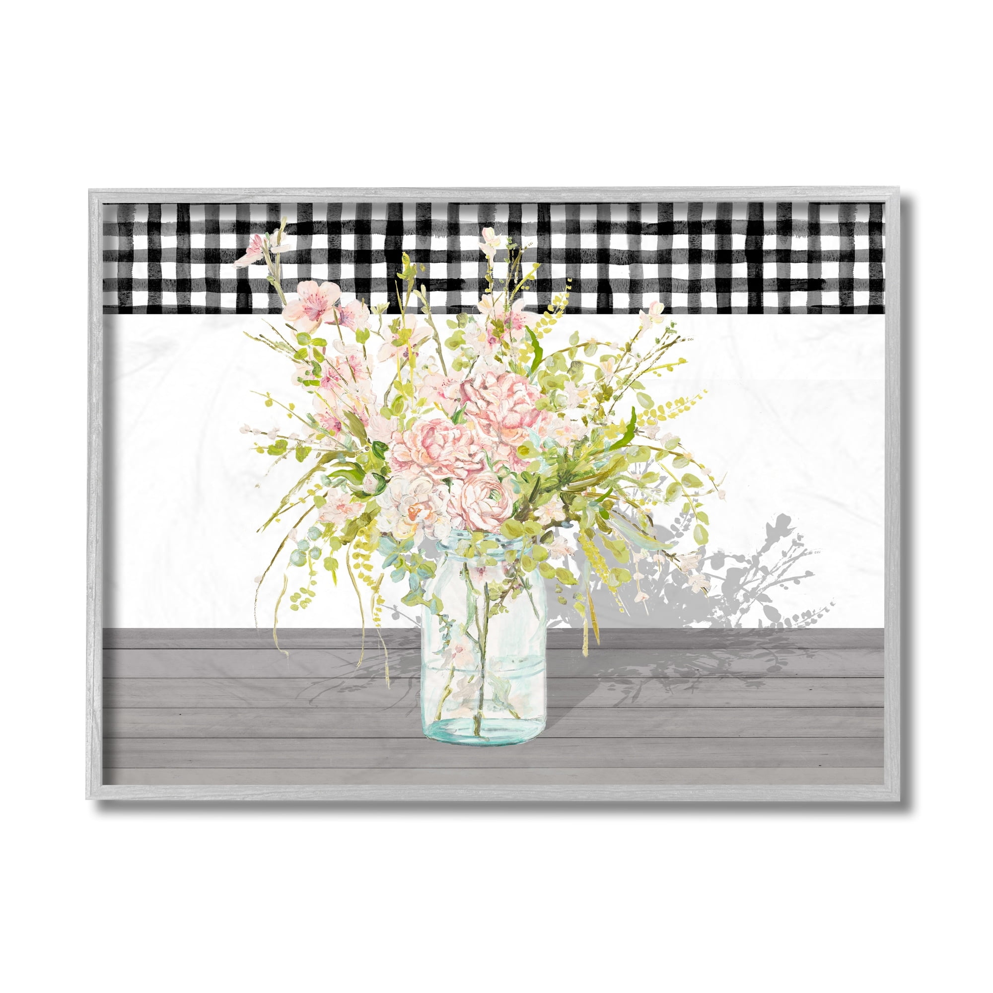 Stupell Industries Pink Rose Bouquet Charming Gingham Plaid Gray Framed by Patricia Pinto