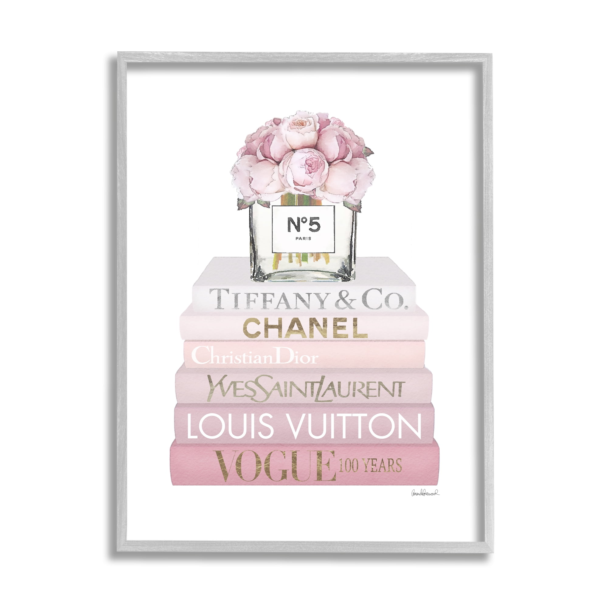 Stupell Industries Pink Rose Bouquet Fashion Style Bookstack Beauty & Fashion Painting Gray Framed Art Print Wall Art, 16 x 20