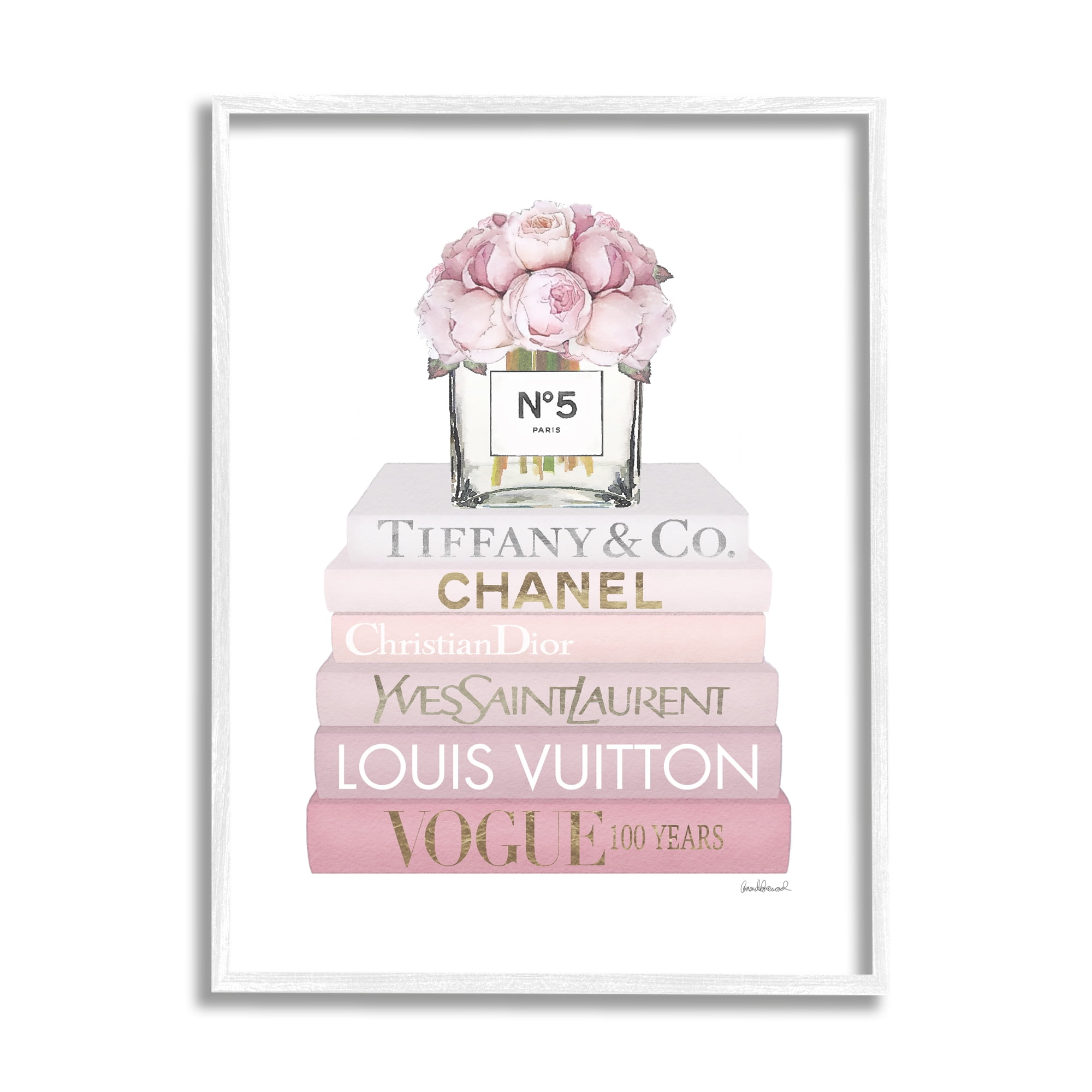 Stupell Industries Pink Rose Bouquet Fashion Style Bookstack Beauty & Fashion Painting White Framed Art Print Wall Art, 11 x 14