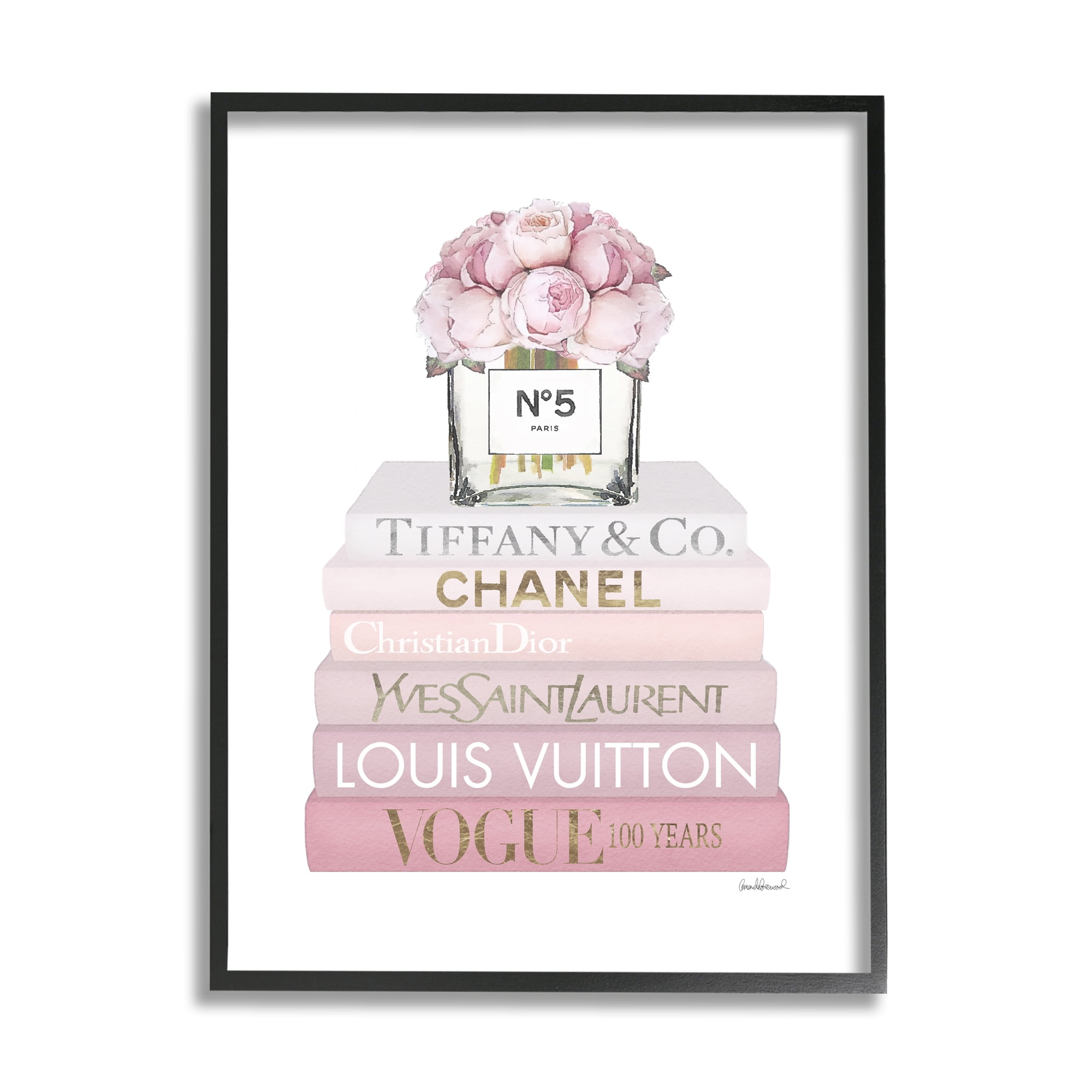 Pink Rose Bouquet Fashion Bookstack Black Framed Canvas Print, 16x20