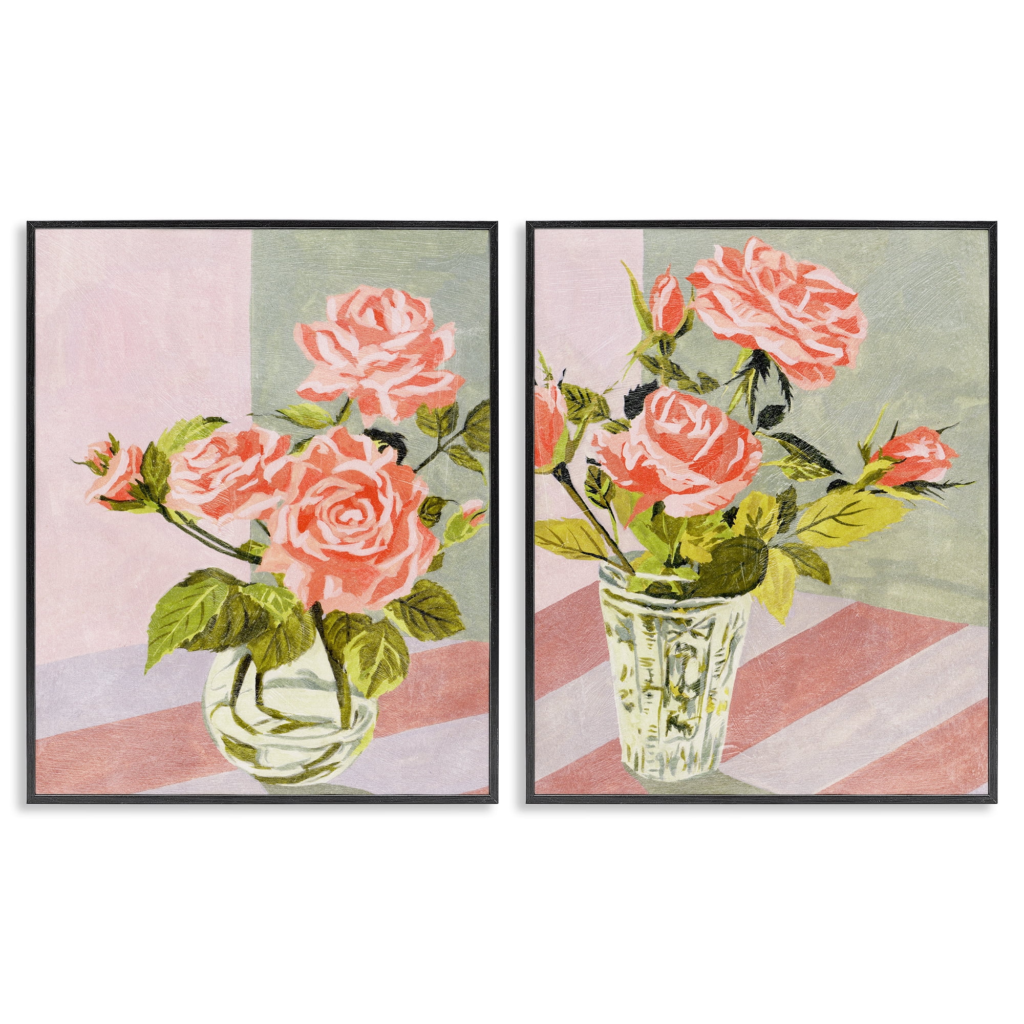 Stupell Industries Pink Rose Bouquets in Glass Plants & Flowers Painting Black Framed Art Print Wall Art, 16 x 20, Set of 2