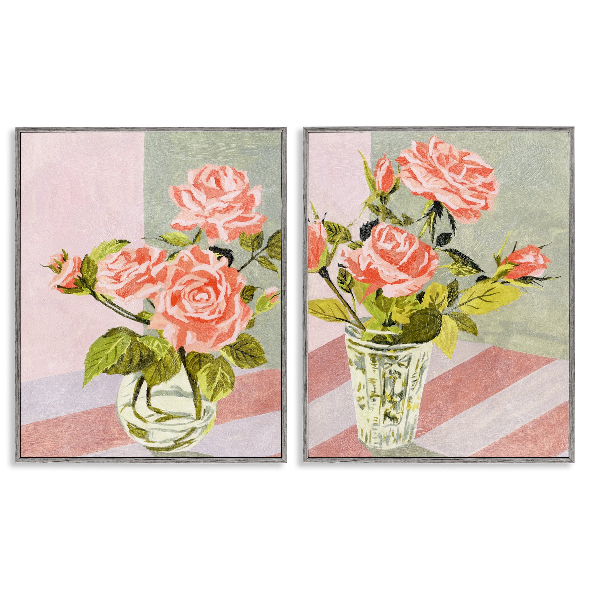 Stupell Industries Pink Rose Bouquets in Glass Plants & Flowers Painting Gray Framed Art Print Wall Art, 16 x 20, Set of 2