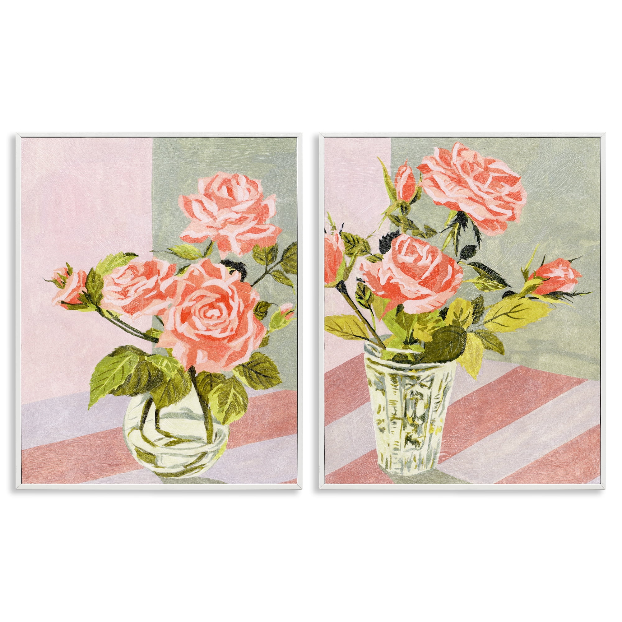 Stupell Industries Pink Rose Bouquets in Glass Plants & Flowers Painting White Framed Art Print Wall Art, 16 x 20, Set of 2