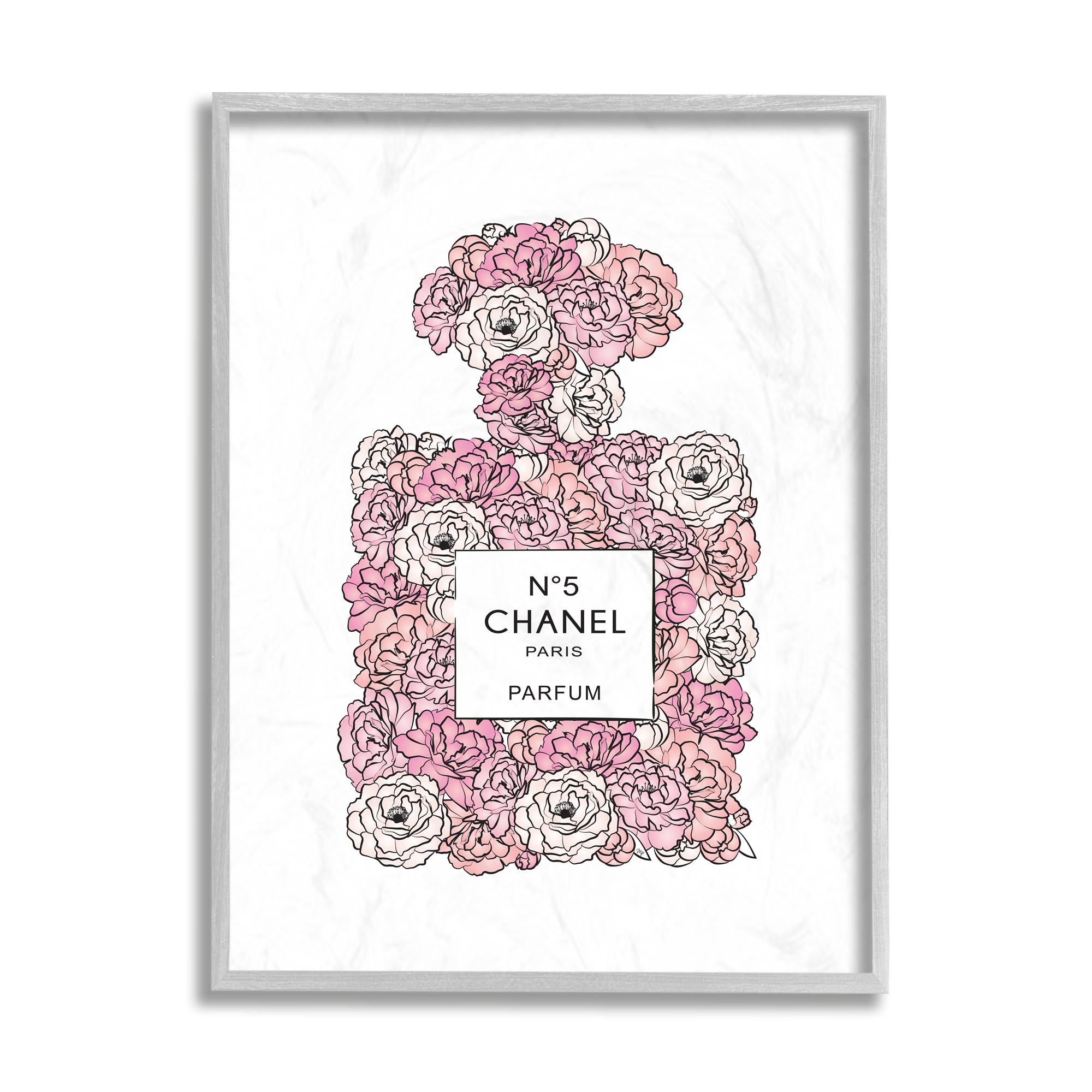 Stupell Industries Pink Rose Floral Perfume Bottle Designer Fashion Botanical & Floral Painting Gray Framed Art Print Wall Art, 16 x 20