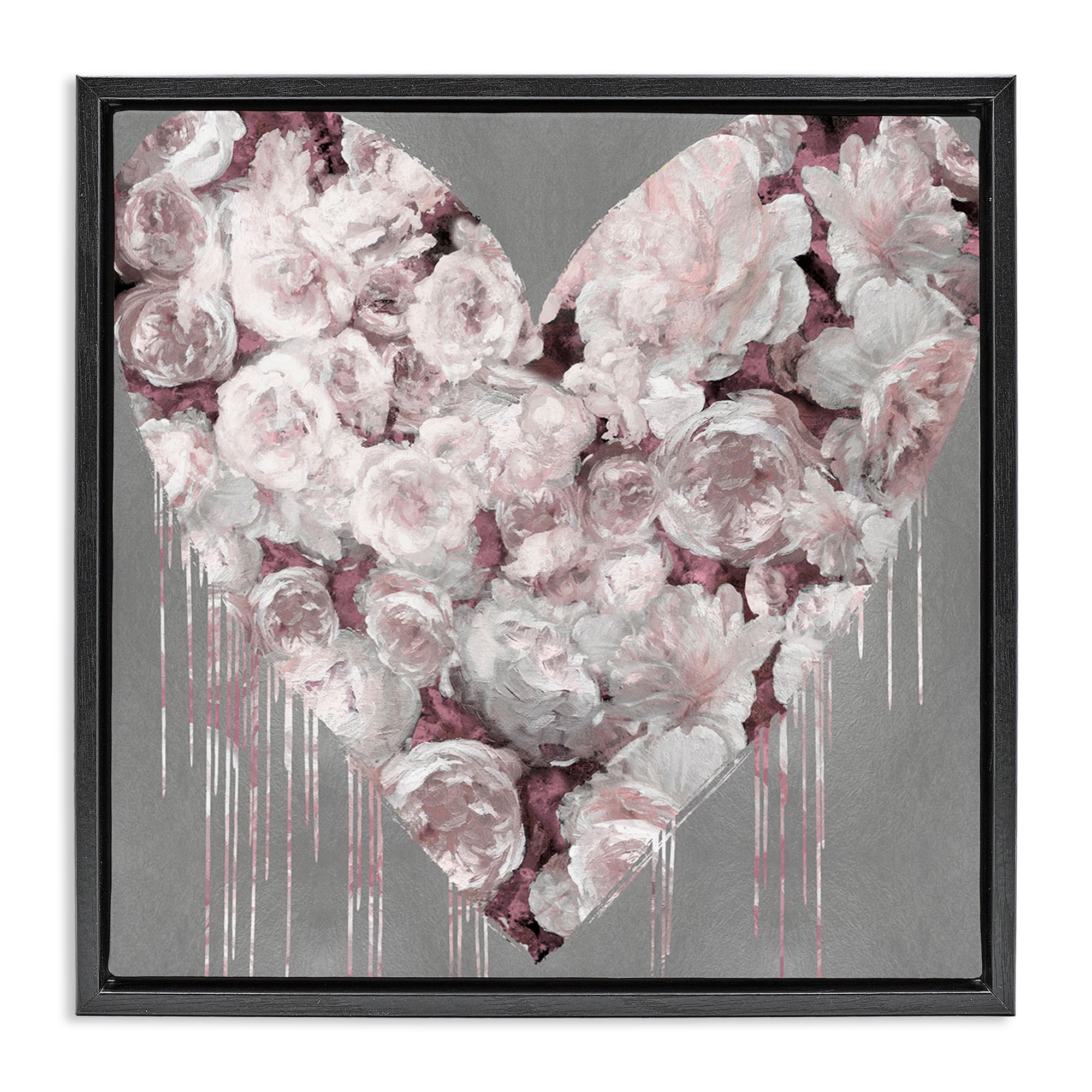 Stupell Industries Pink Rose Heart over Grey Botanical & Floral Painting Black Floater Framed Canvas Art Print Wall Art, 25 x 25