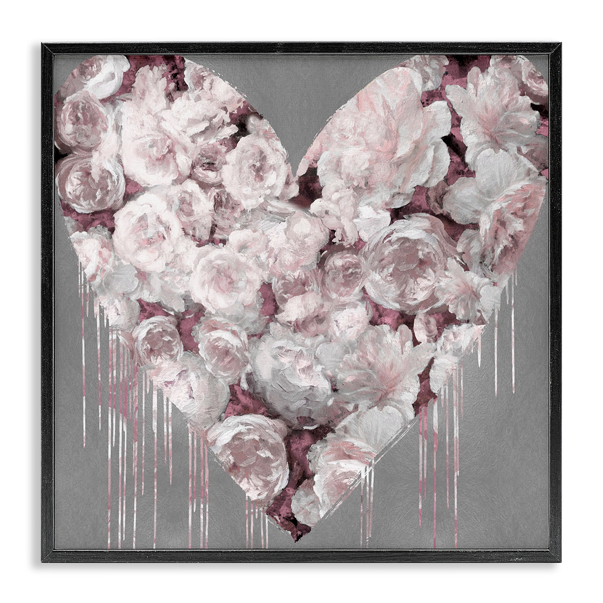 Stupell Industries Pink Rose Heart over Grey Botanical & Floral Painting Black Framed Art Print Wall Art, 24 x 24