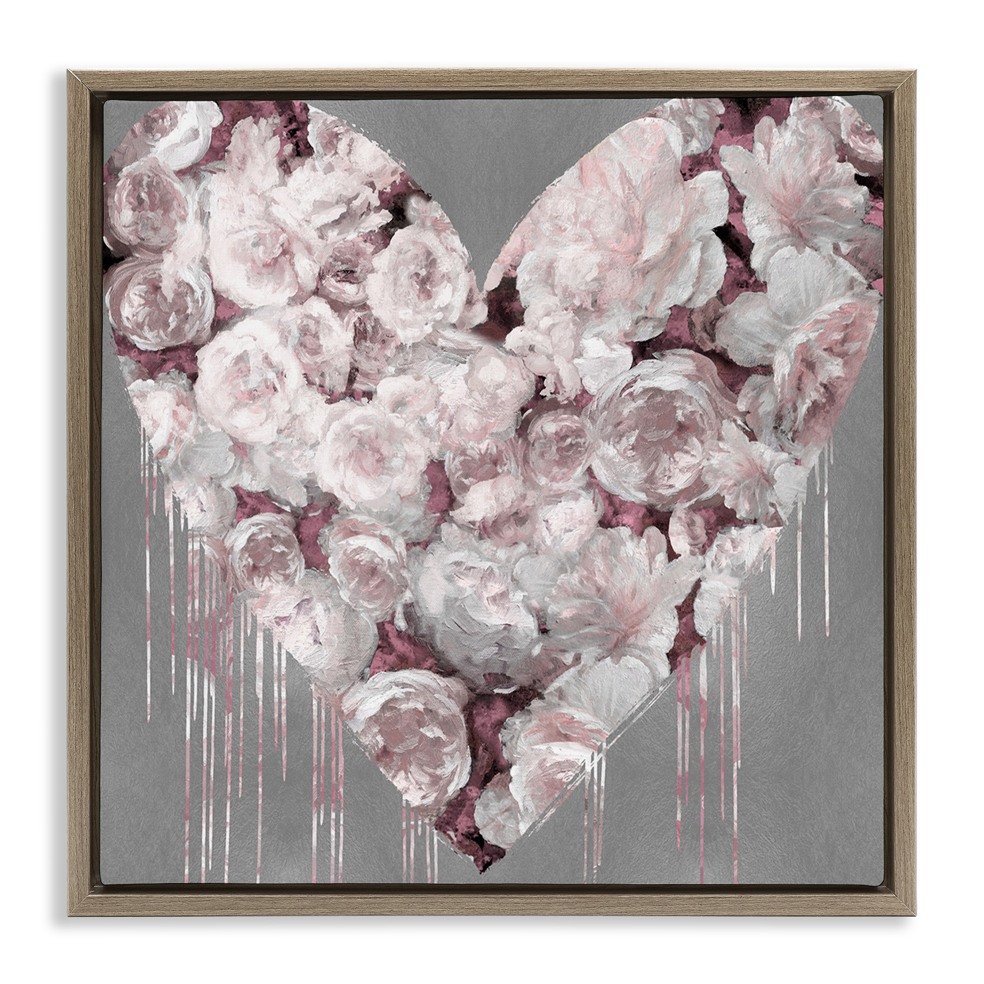 Stupell Industries Pink Rose Heart over Grey Botanical & Floral Painting Brown Floater Framed Canvas Art Print Wall Art, 25 x 25