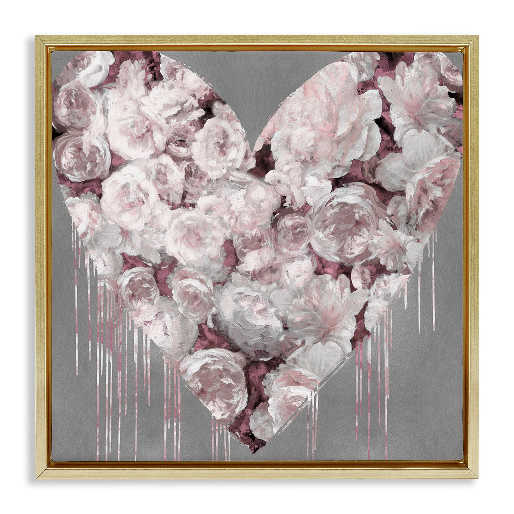 Stupell Industries Pink Rose Heart over Grey Botanical & Floral Painting Gold Floater Framed Canvas Art Print Wall Art, 25 x 25