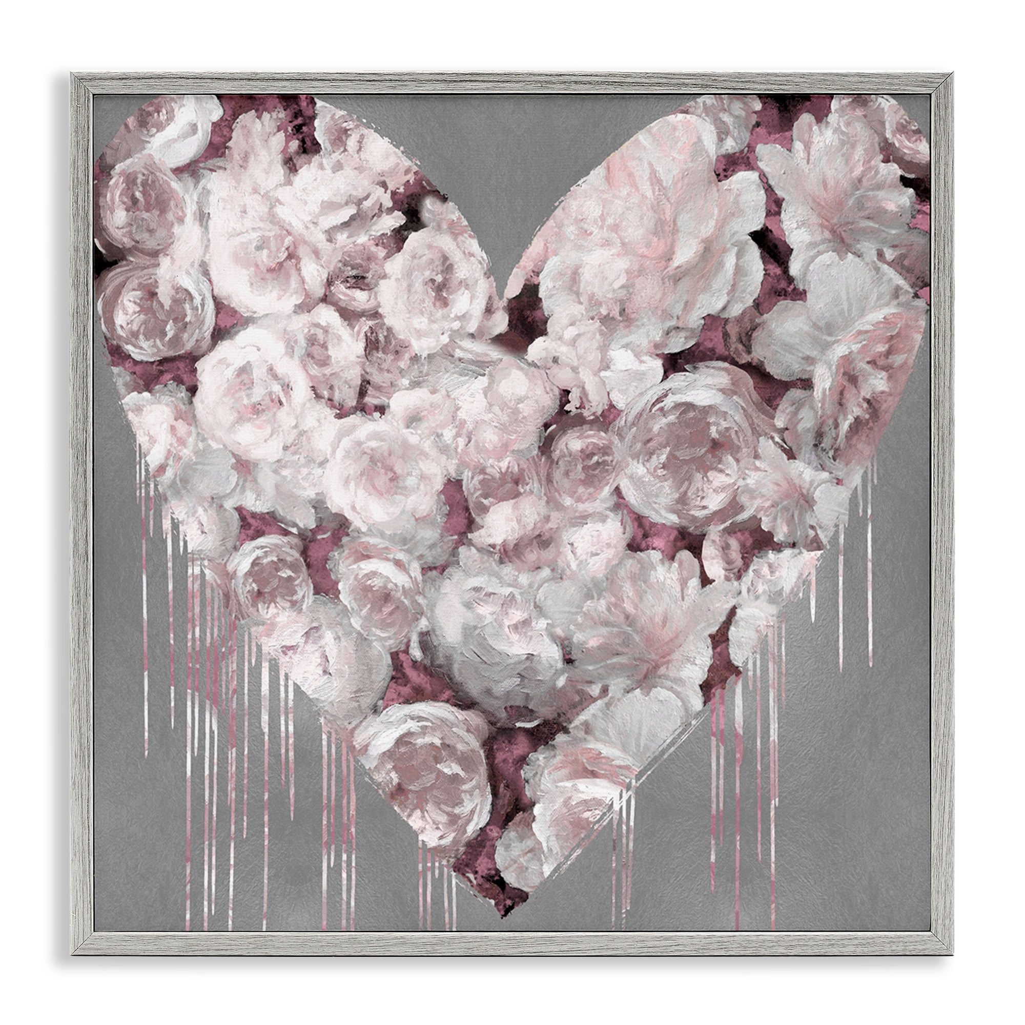 Stupell Industries Pink Rose Heart over Grey Botanical & Floral Painting Gray Framed Art Print Wall Art, 17 x 17