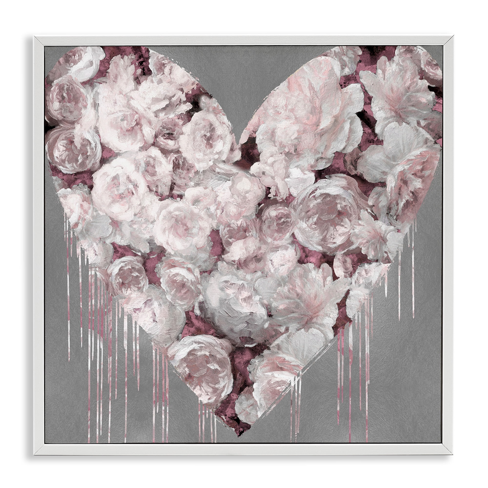 Stupell Industries Pink Rose Heart over Grey Botanical & Floral Painting White Framed Art Print Wall Art, 24 x 24