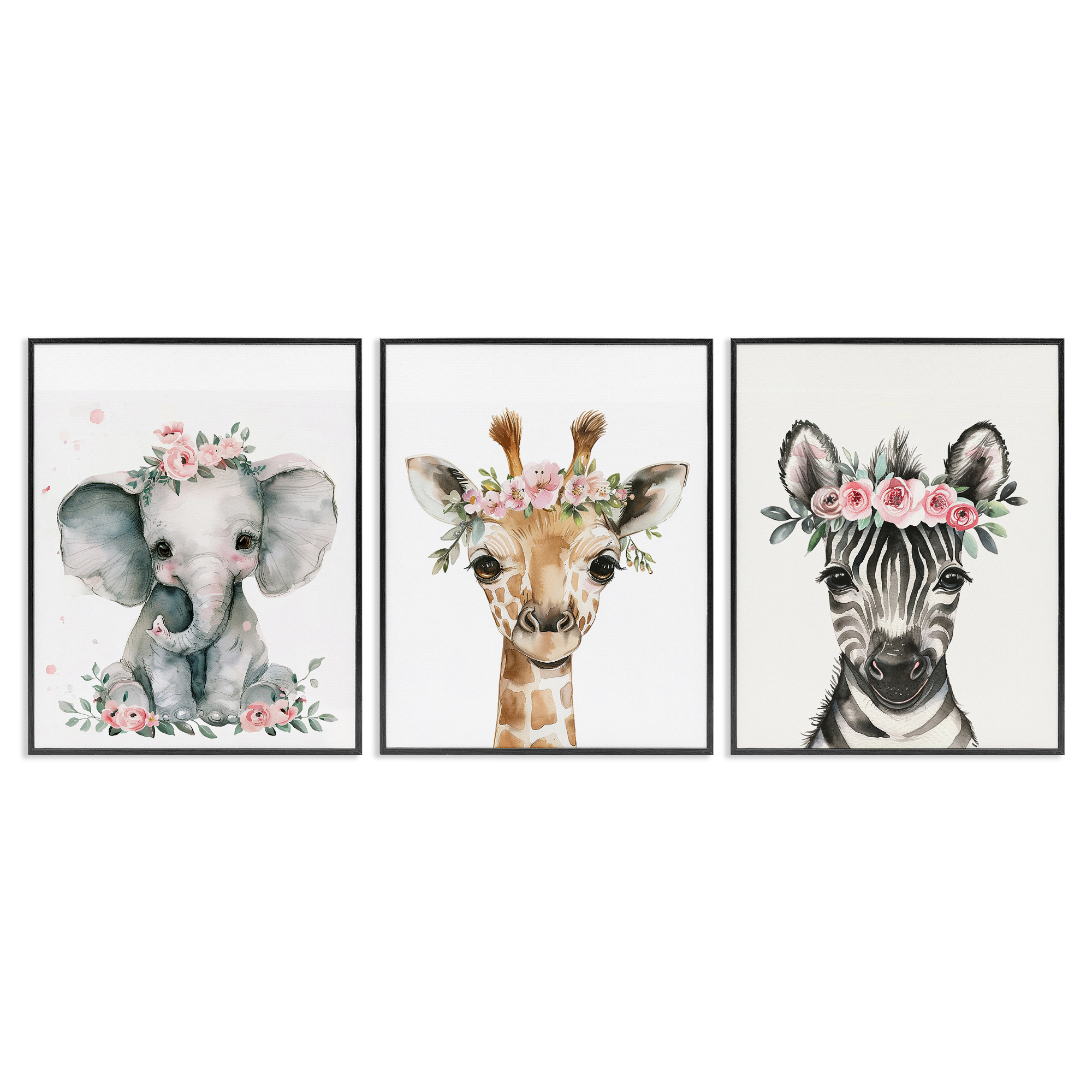 Stupell Industries Pink Rose Jungle Animals Animals Painting Black Framed Art Print Wall Art, 16 x 20, Set of 3