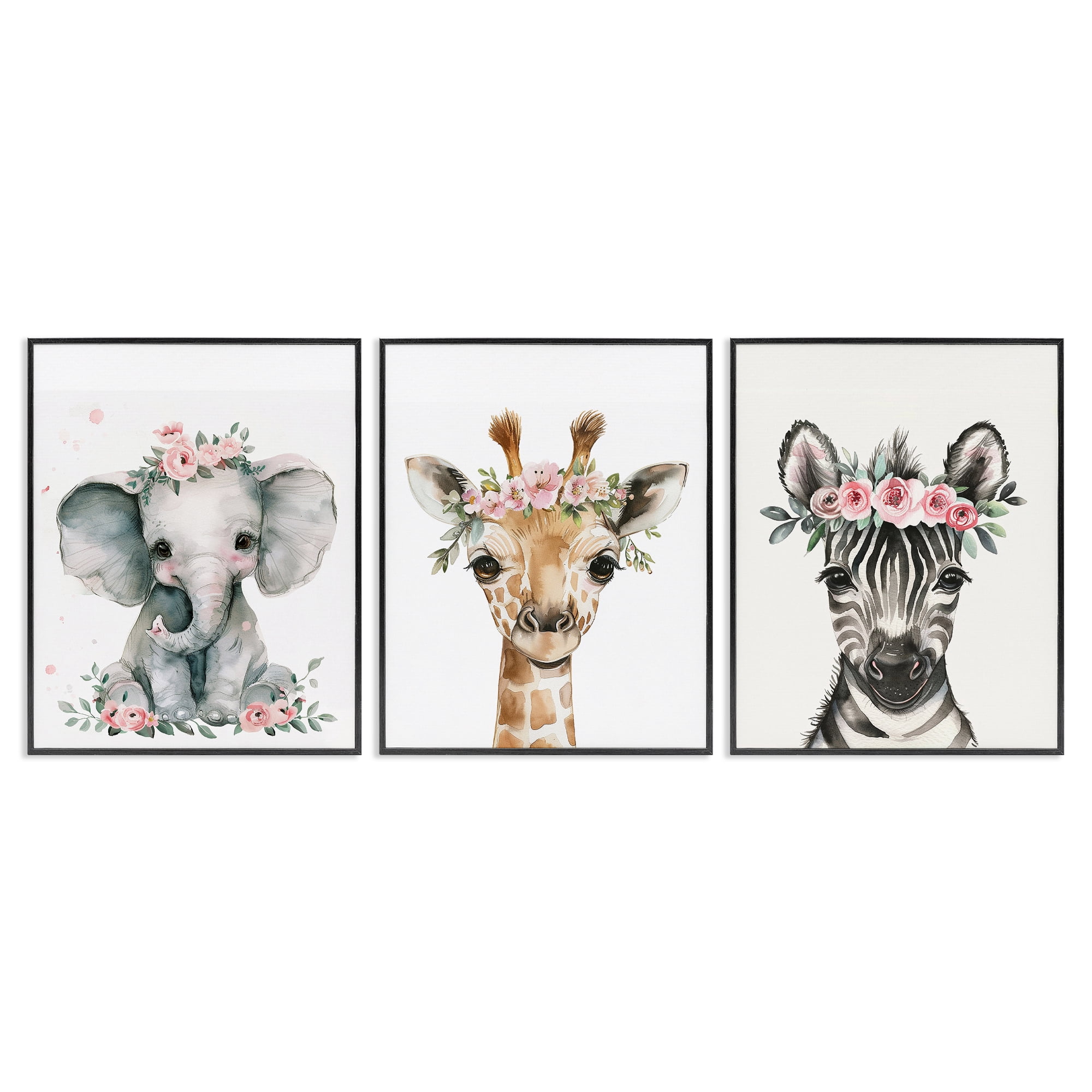 Stupell Industries Pink Rose Jungle Animals Animals Painting Black Framed Art Print Wall Art, 24 x 30, Set of 3