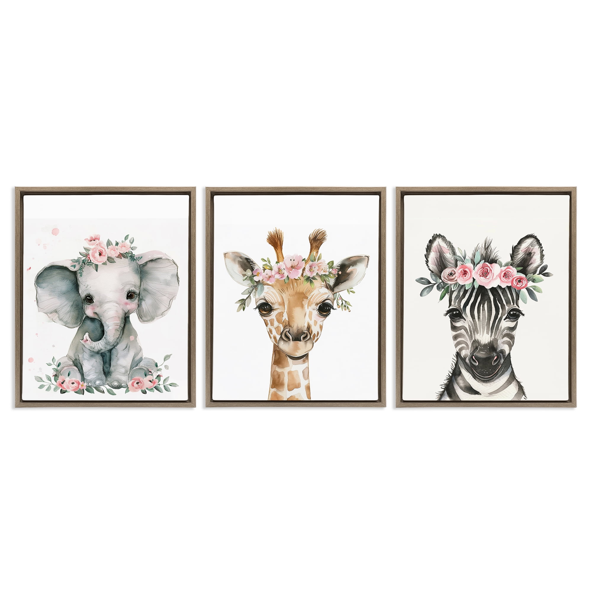 Stupell Industries Pink Rose Jungle Animals Animals Painting Brown Floater Framed Canvas Art Print Wall Art, 17 x 21, Set of 3