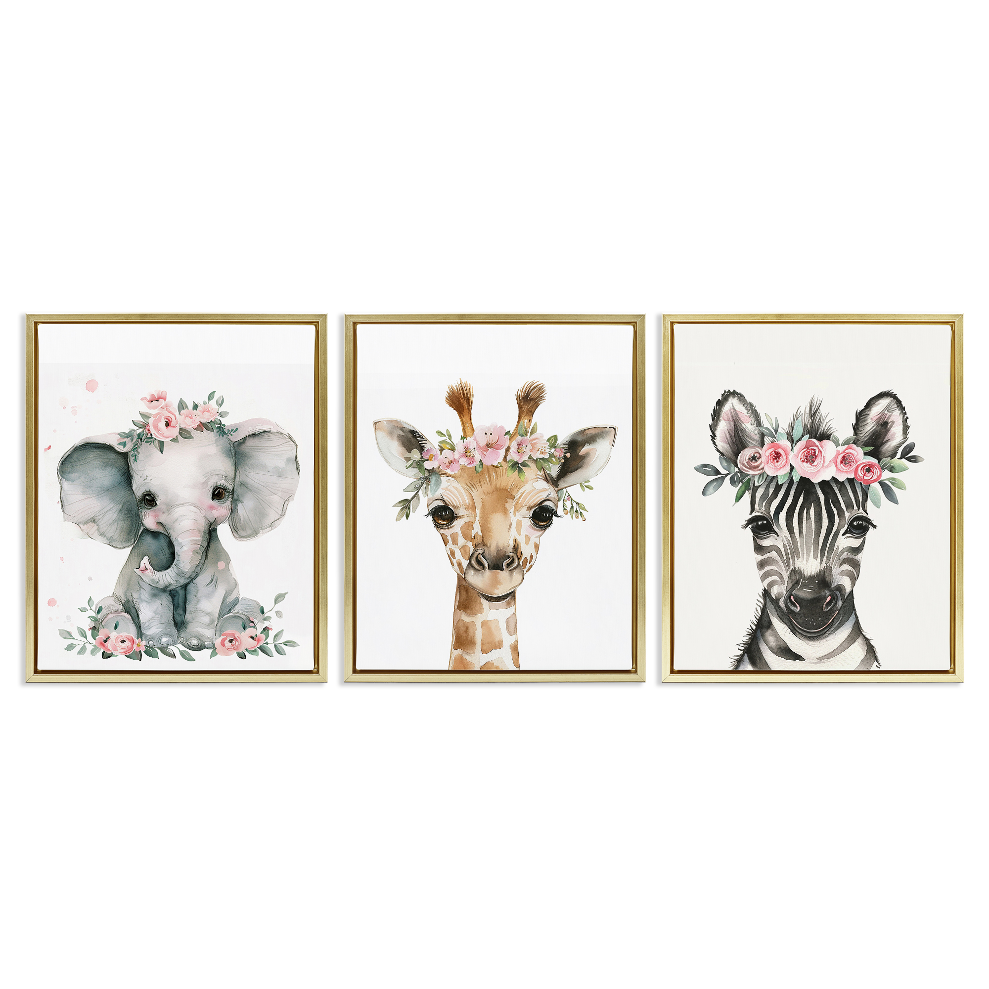 Stupell Industries Pink Rose Jungle Animals Animals Painting Gold Floater Framed Canvas Art Print Wall Art, 25 x 31, Set of 3