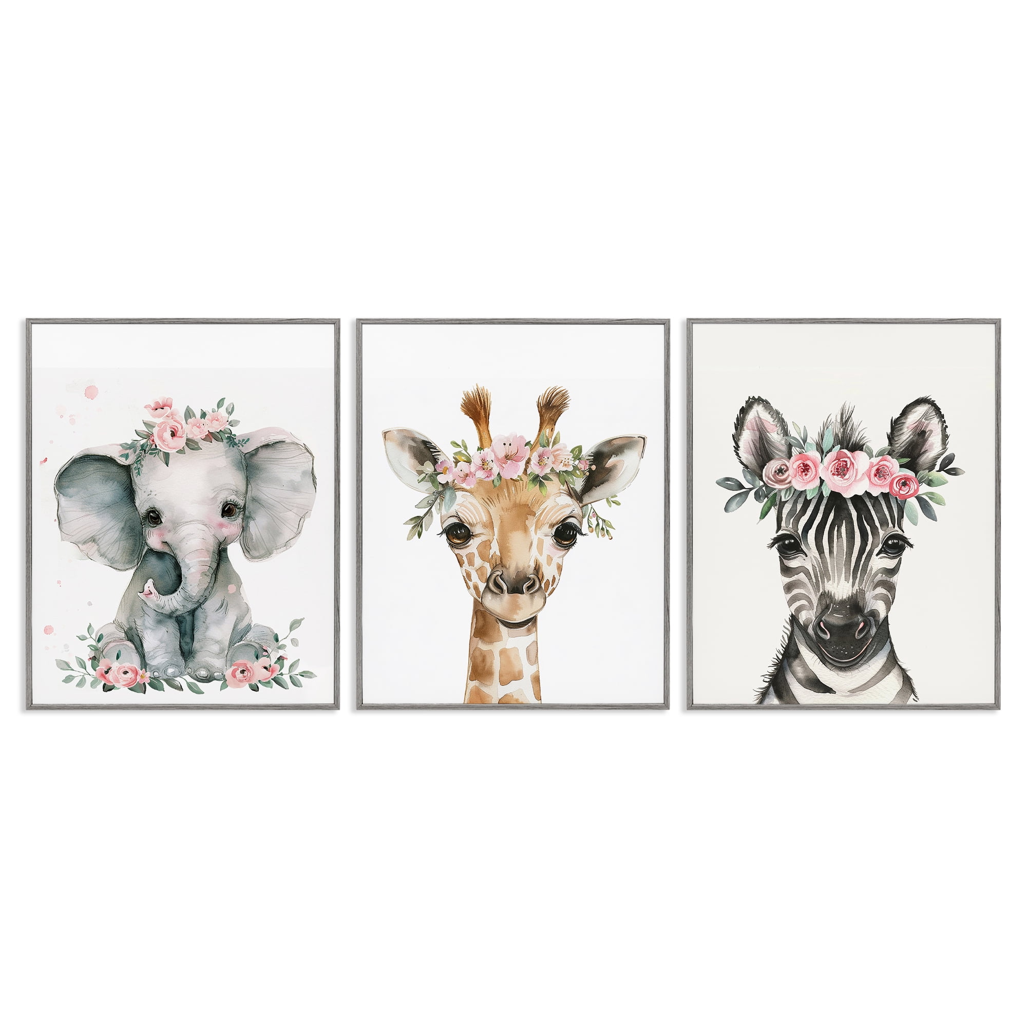 Stupell Industries Pink Rose Jungle Animals Animals Painting Gray Framed Art Print Wall Art, 11 x 14, Set of 3