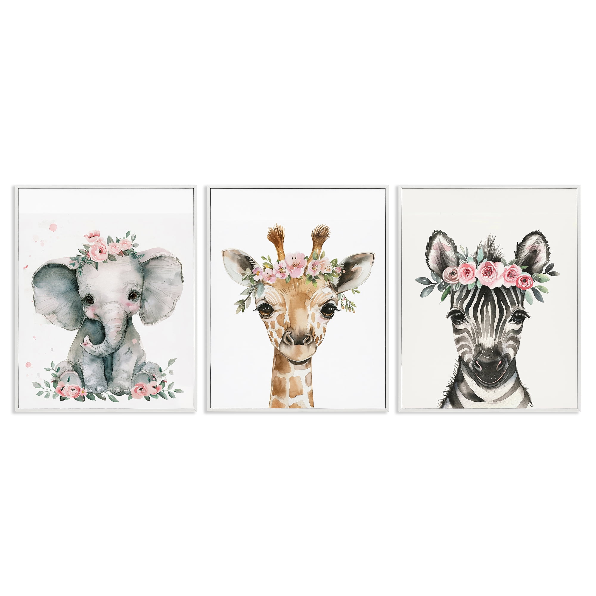 Stupell Industries Pink Rose Jungle Animals Animals Painting White Framed Art Print Wall Art, 24 x 30, Set of 3