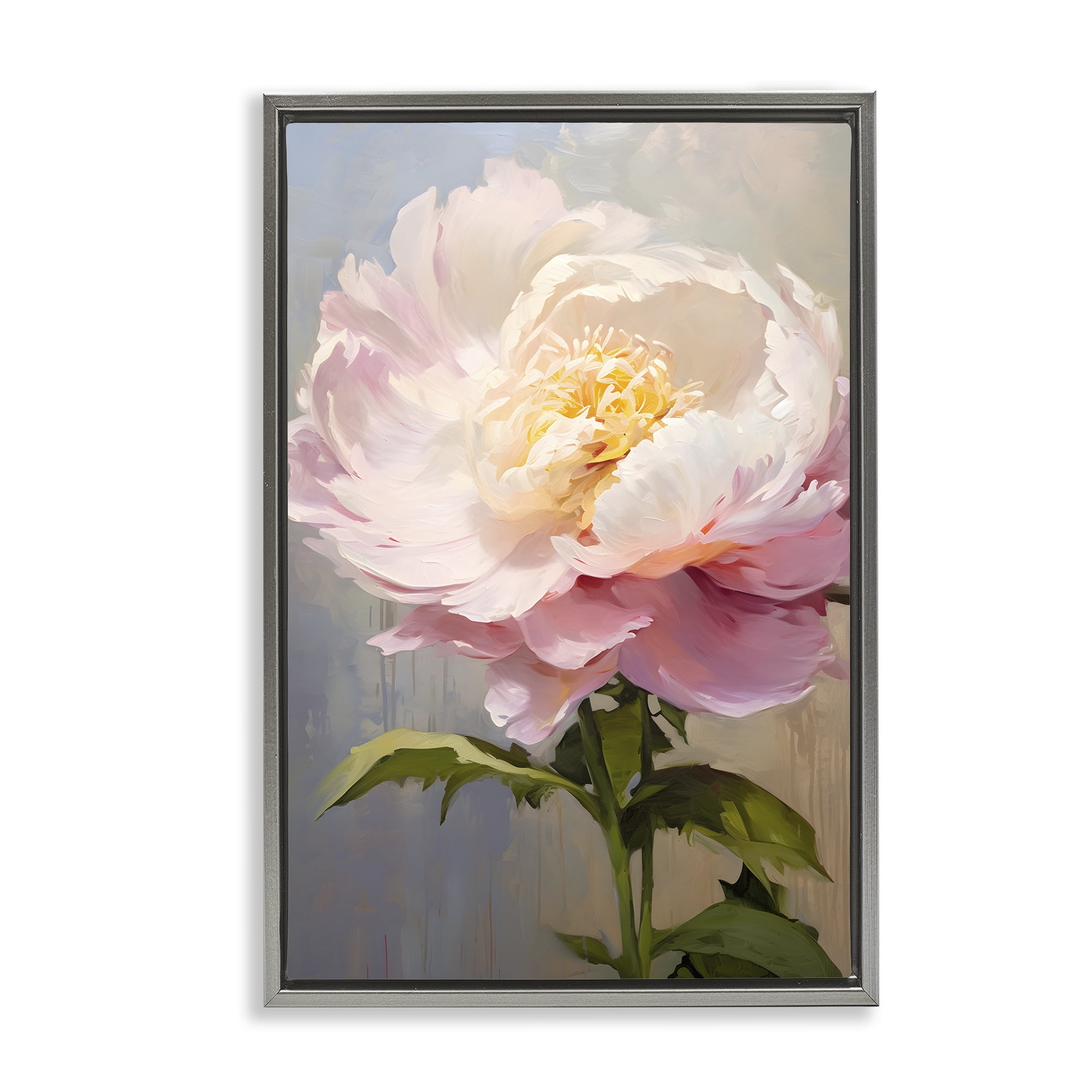 Stupell Industries Pink Rose in Bloom Botanical & Floral Painting Gray Floater Framed Art Print Wall Art, 21 x 31